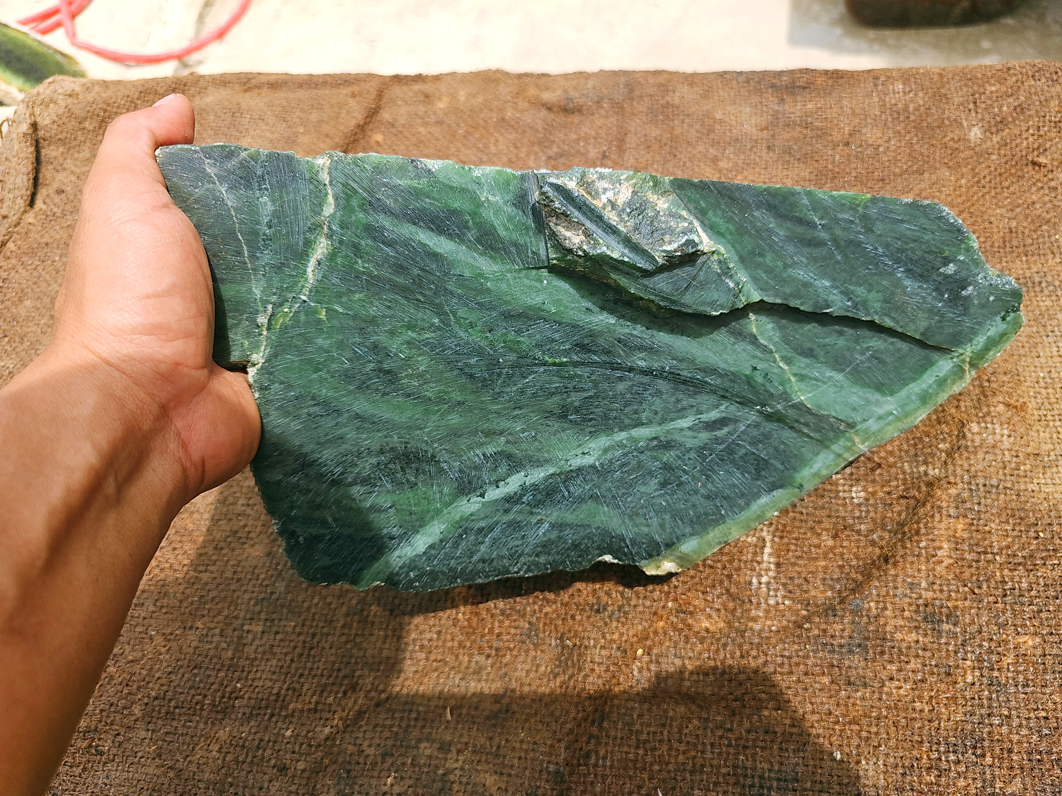 7.5KG Natural Blue-Green Nephrite Jade Slab – Dark Green Jade Stone with White Veins