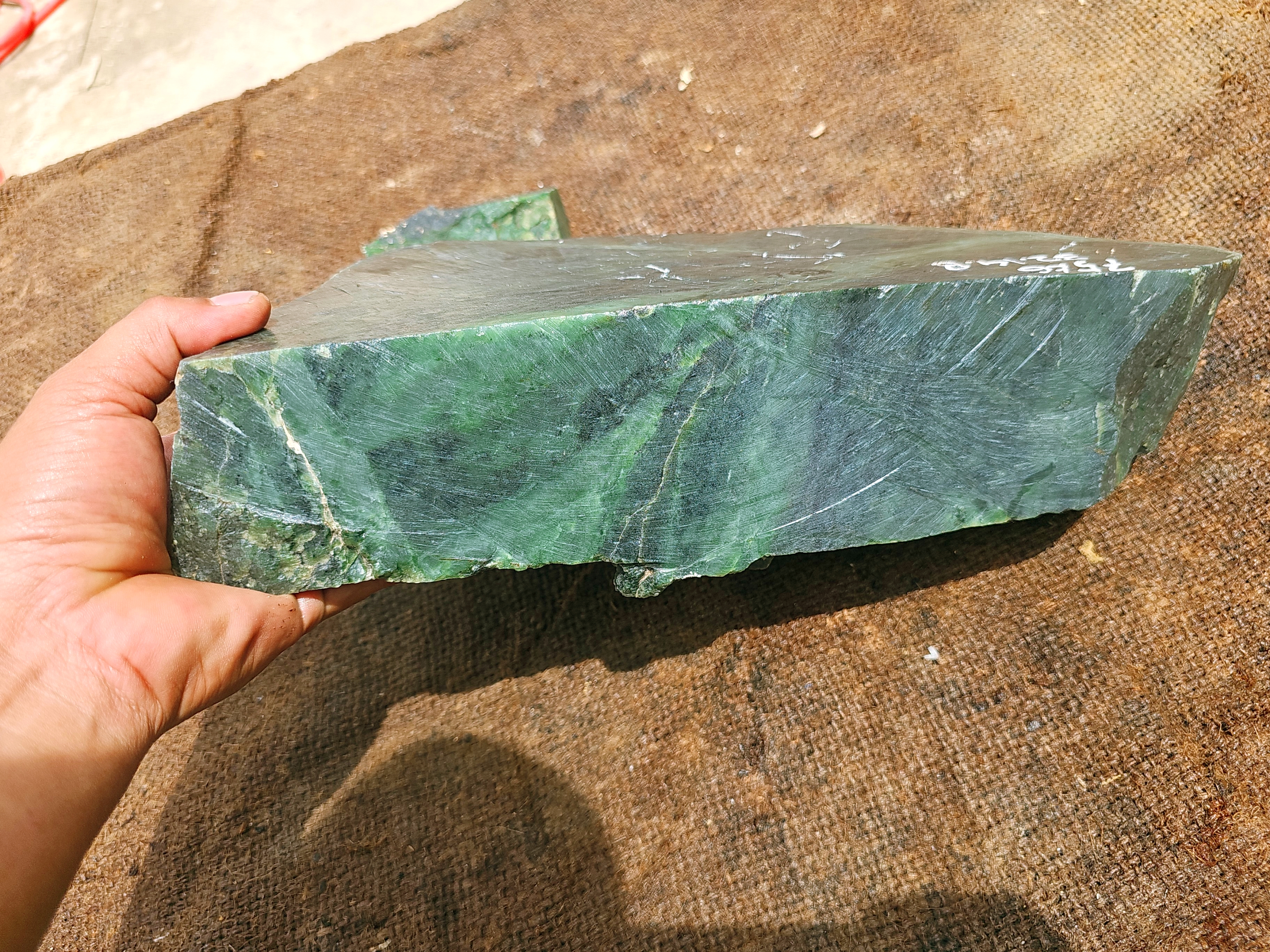 7.5KG Natural Blue-Green Nephrite Jade Slab – Dark Green Jade Stone with White Veins