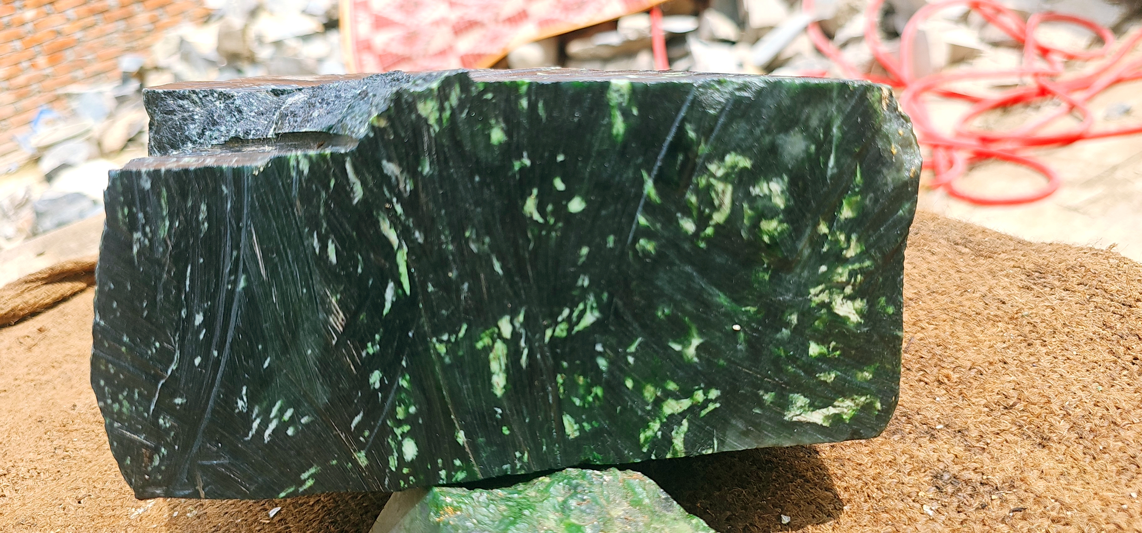 Expert-Verified Natural Dark Green Nephrite Jade Rough Slab – 8.1 KG | Deep Forest Green with Light Green Inclusions