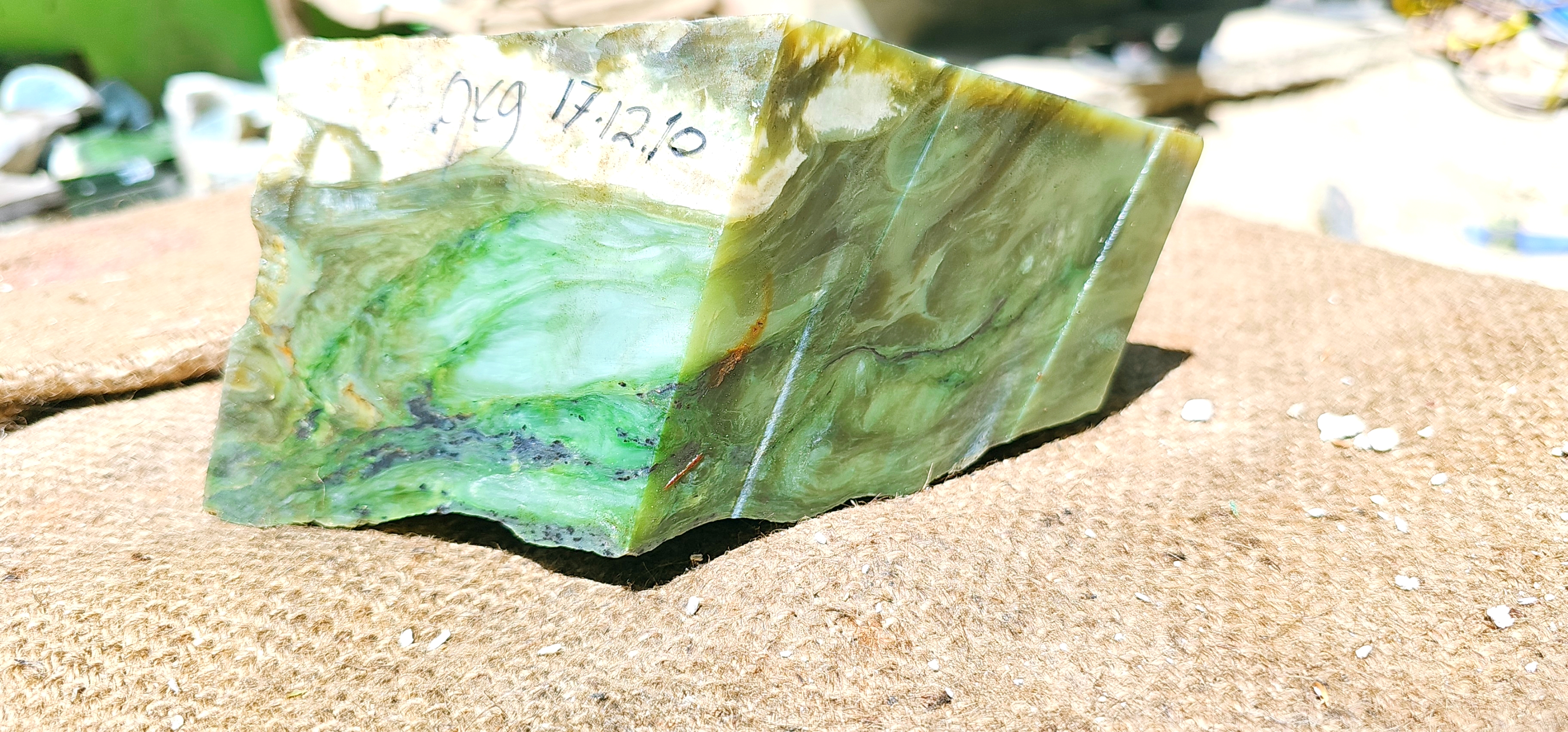 Aceh Natural Moss Green and Olive Nephrite Jade Rough Stone with Dynamic Clouded Veining and Multitonal Color Transitions – 9 KG