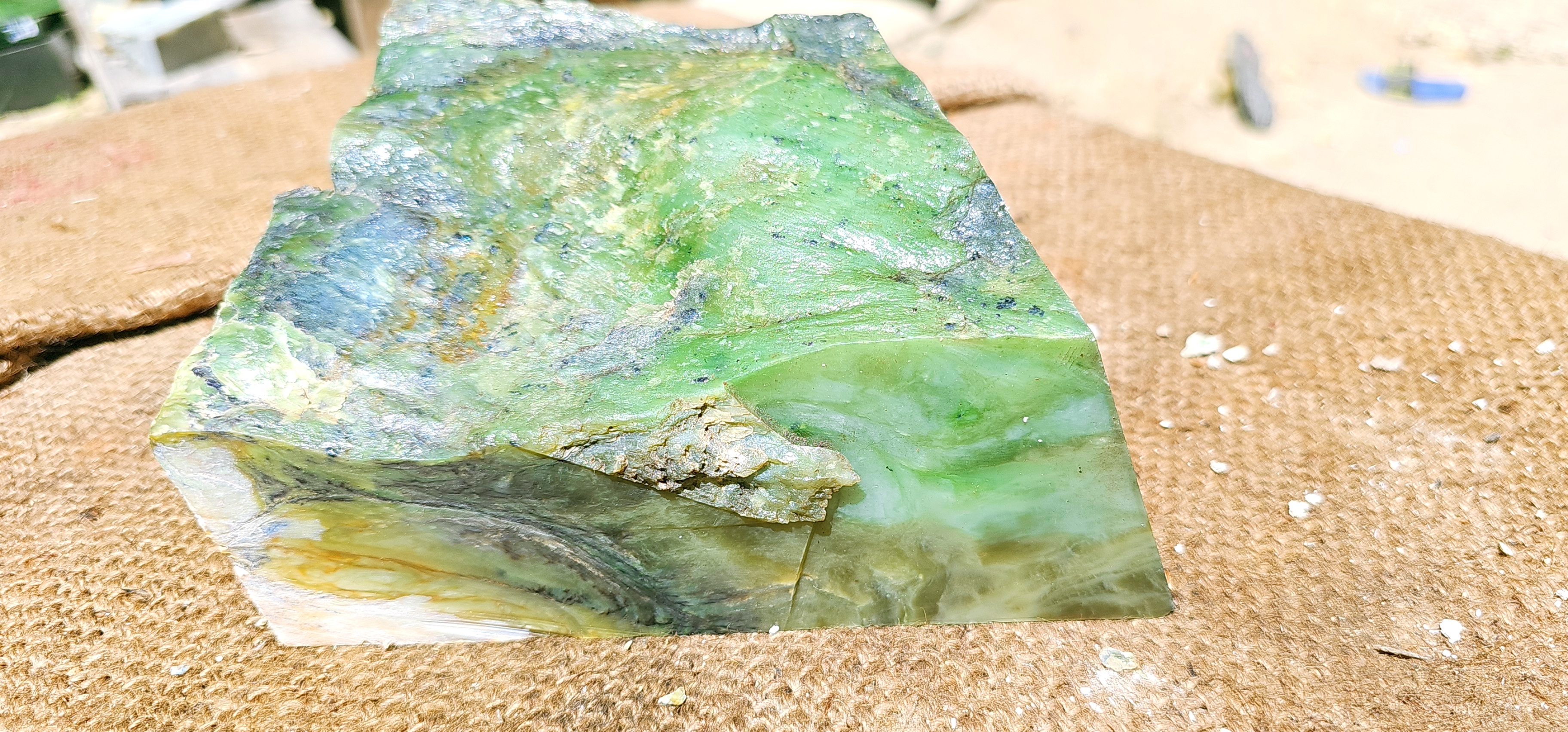 Aceh Natural Moss Green and Olive Nephrite Jade Rough Stone with Dynamic Clouded Veining and Multitonal Color Transitions – 9 KG