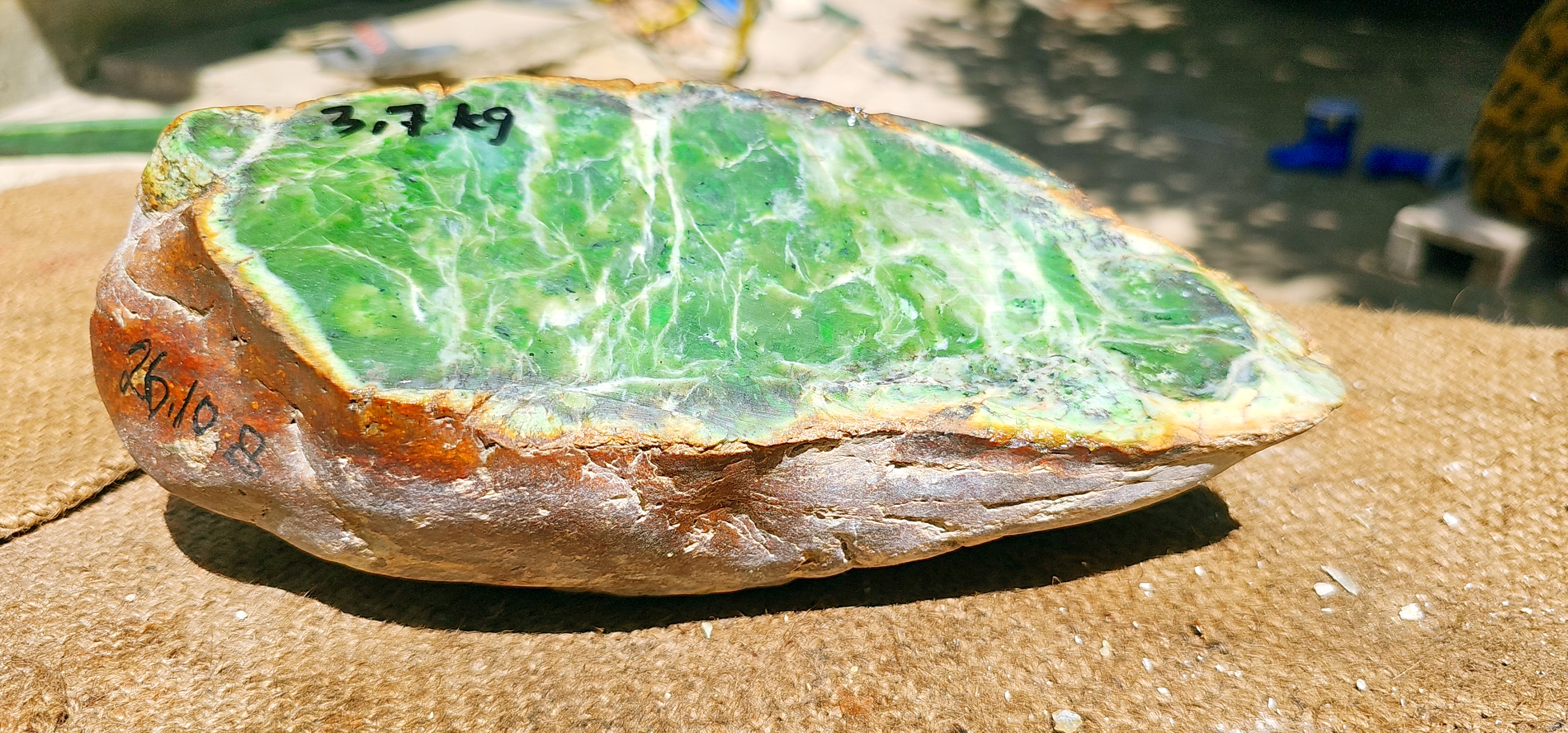 Aceh Natural Moss Green Nephrite Jade with Intricate White Vein Patterns and Rough Exterior Slab – 3.7 KG