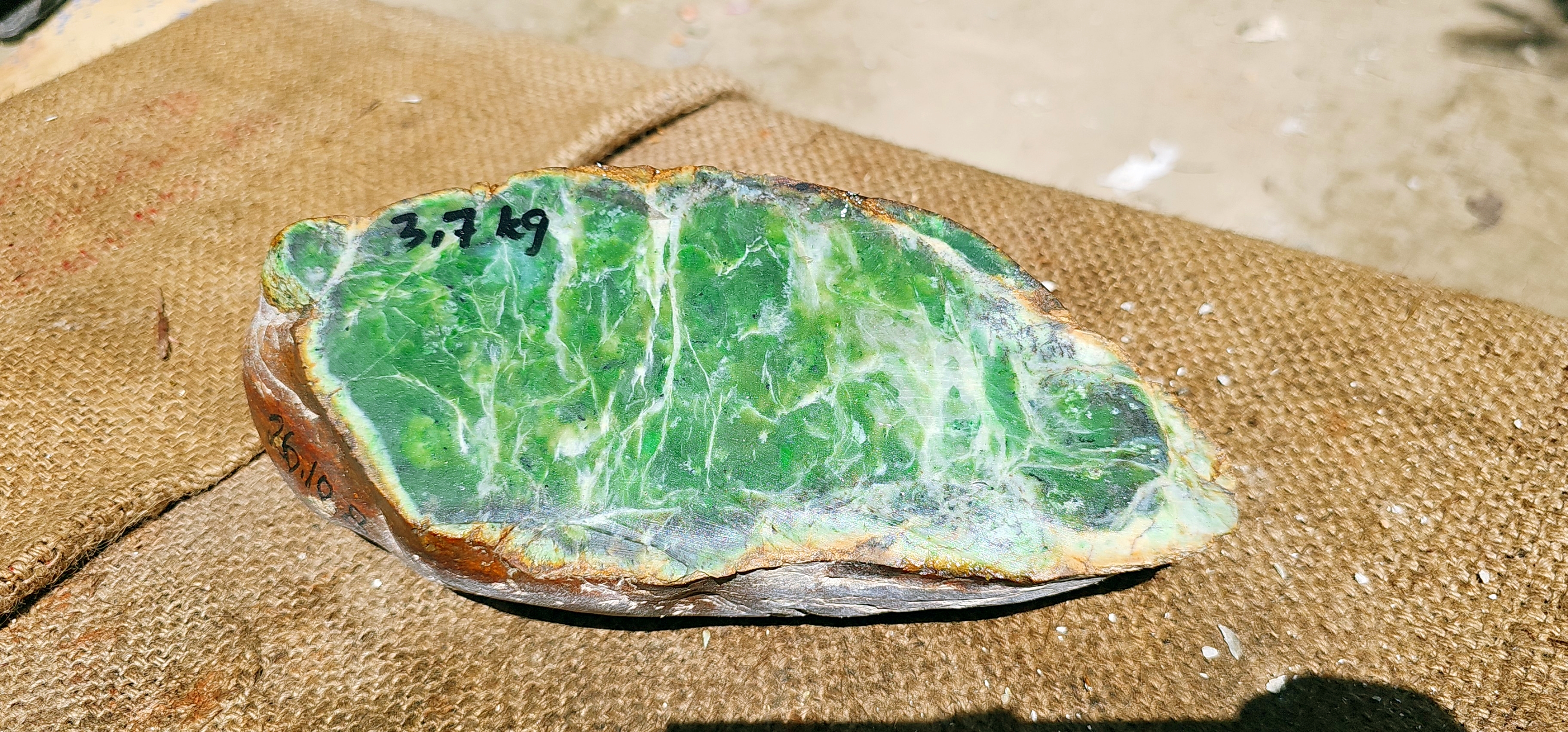 Aceh Natural Moss Green Nephrite Jade with Intricate White Vein Patterns and Rough Exterior Slab – 3.7 KG