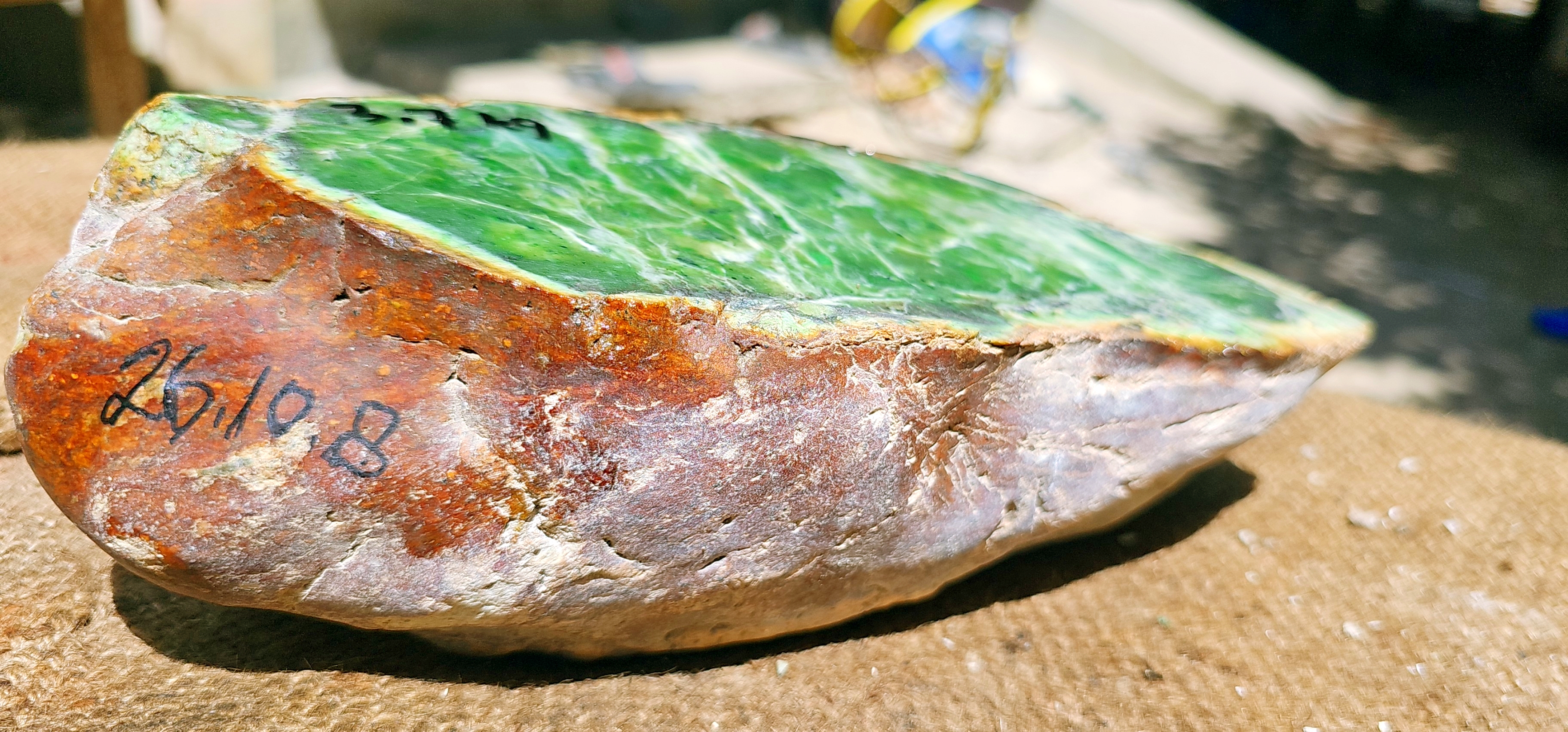 Aceh Natural Moss Green Nephrite Jade with Intricate White Vein Patterns and Rough Exterior Slab – 3.7 KG