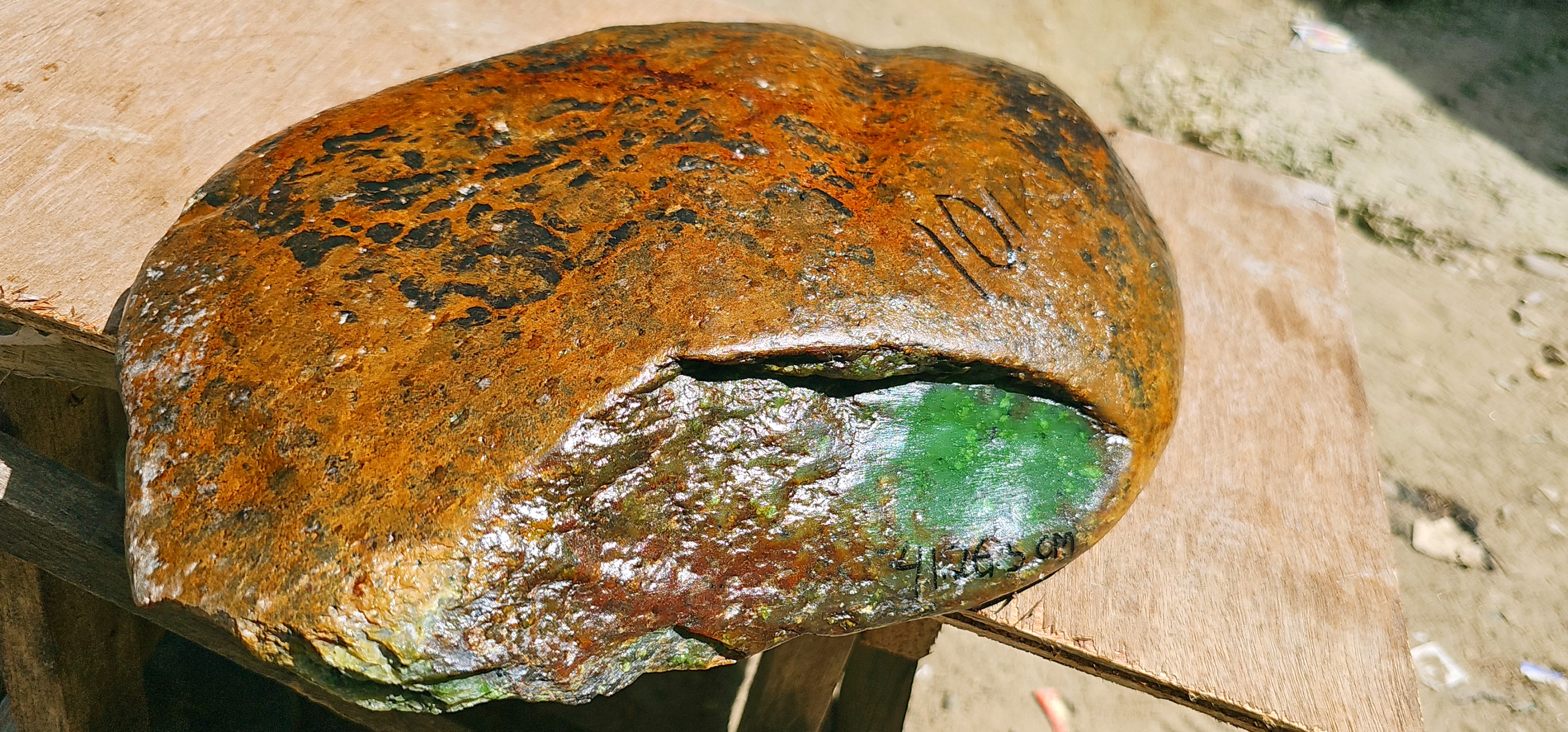 Aceh Natural Rough Nephrite Jade Slab with Rich Brown Crust and Vivid Green Exposed Window – 10.1 KG