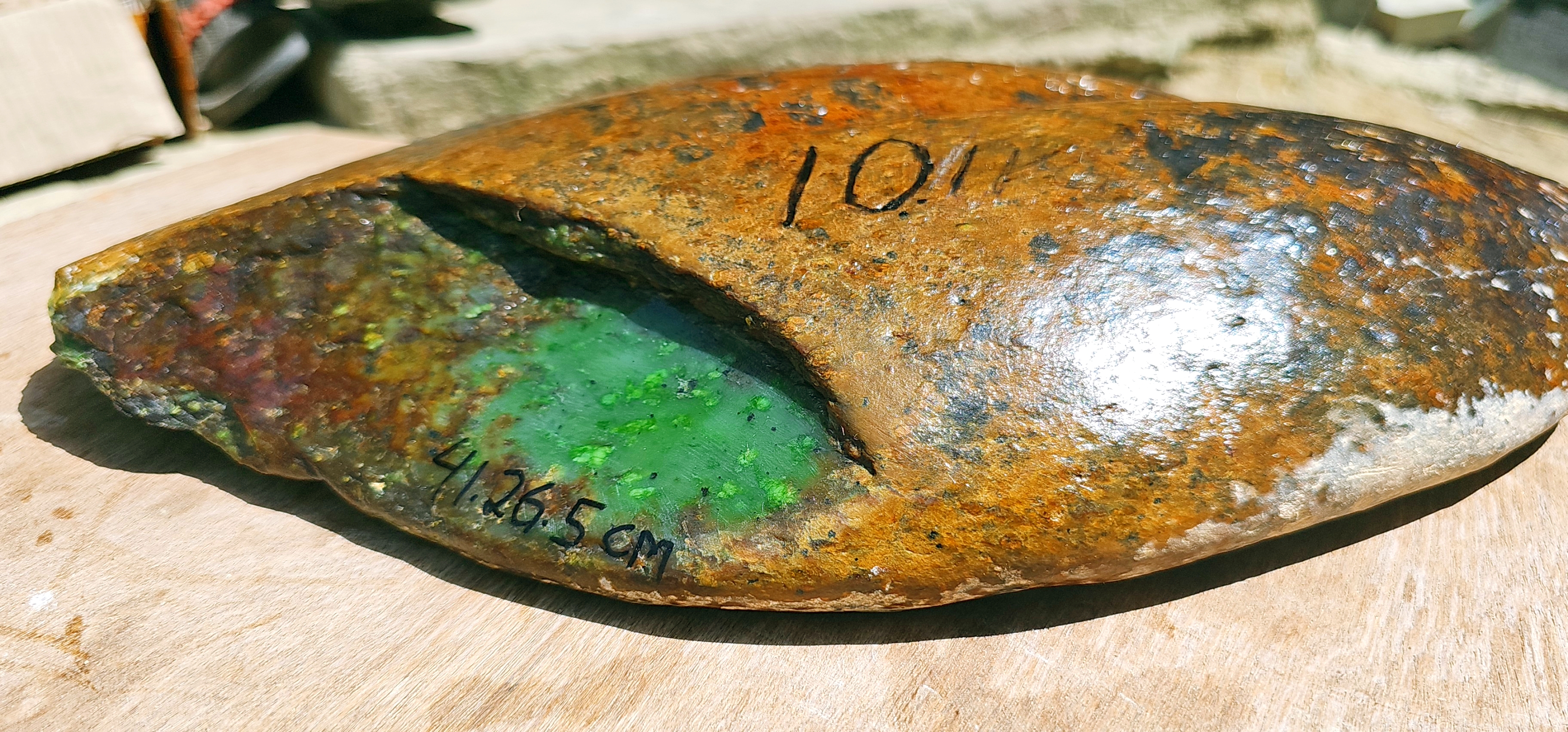 Aceh Natural Rough Nephrite Jade Slab with Rich Brown Crust and Vivid Green Exposed Window – 10.1 KG