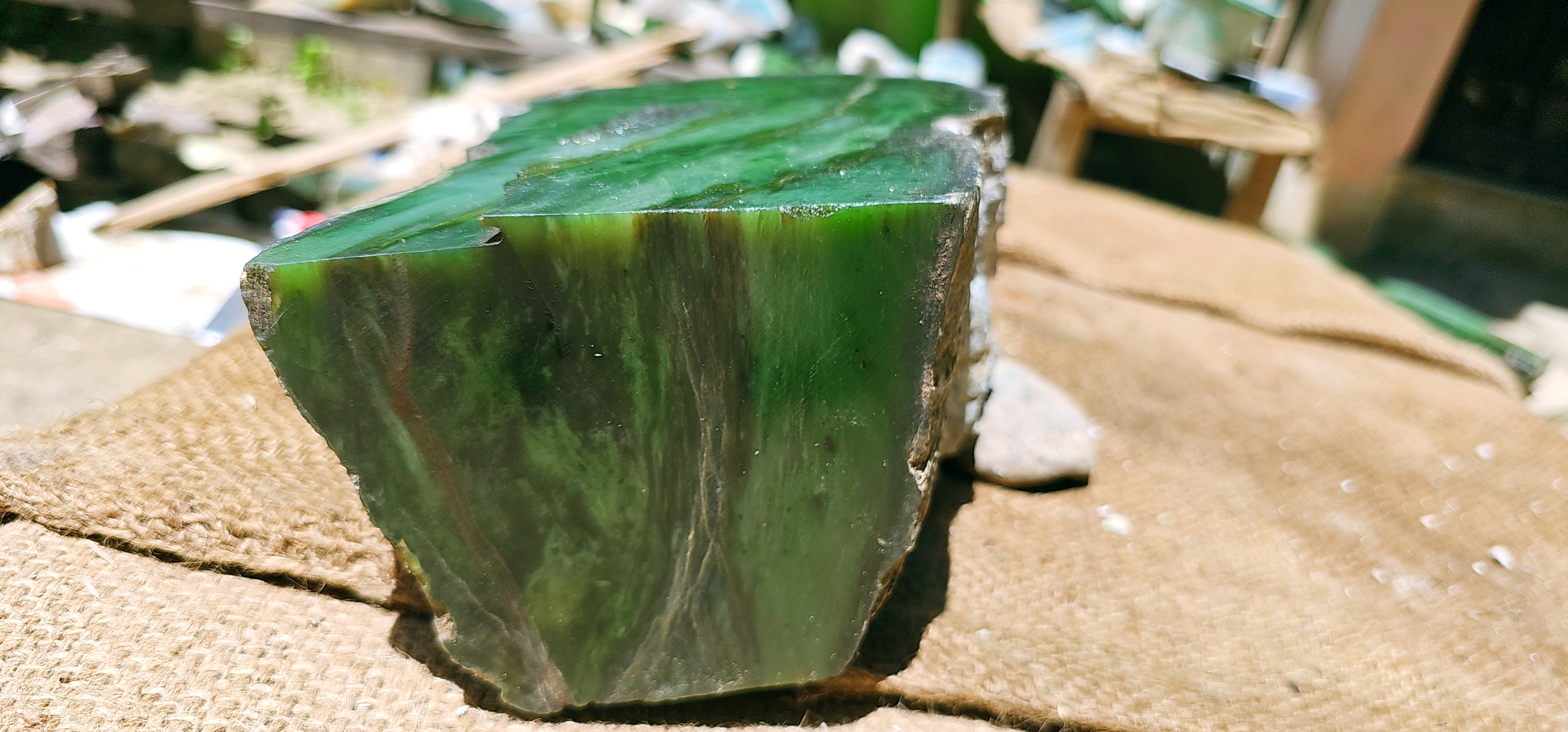 Aceh Natural Forest Green and Moss Green Nephrite Jade Slab with Striking Linear Veining Rough Stone – 10 KG