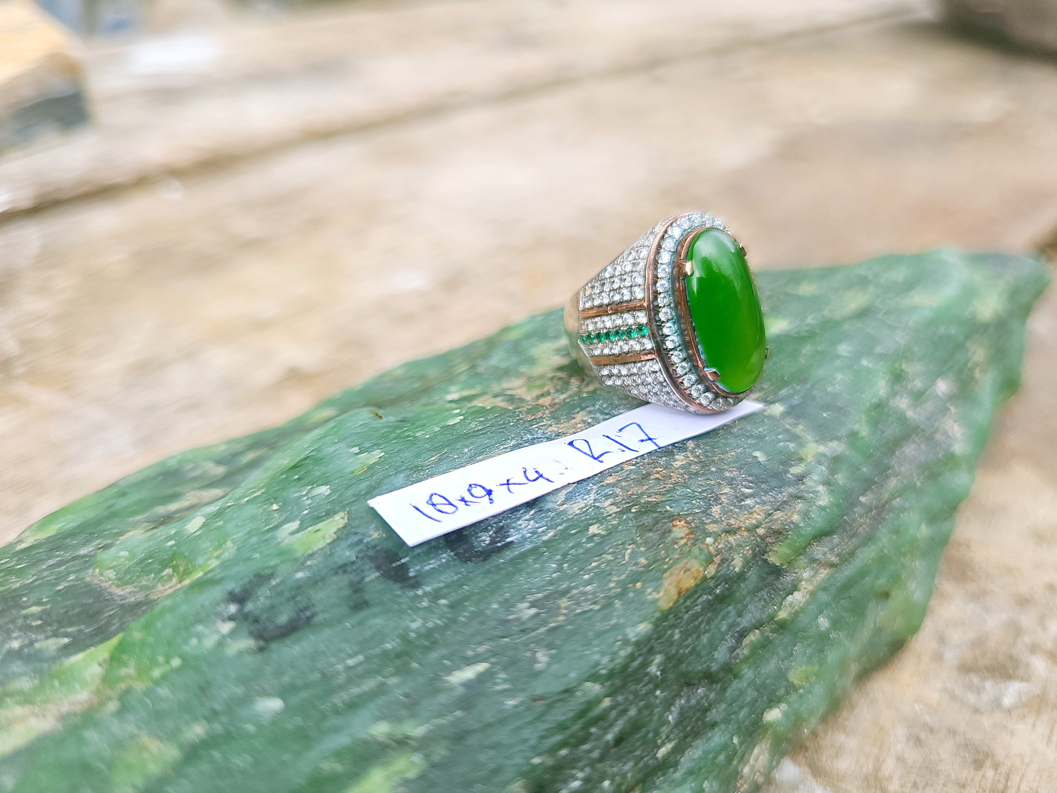Aceh Vibrant Green Nephrite Jade Ring with Sparkling Accent Stones and Polished Oval Cabochon