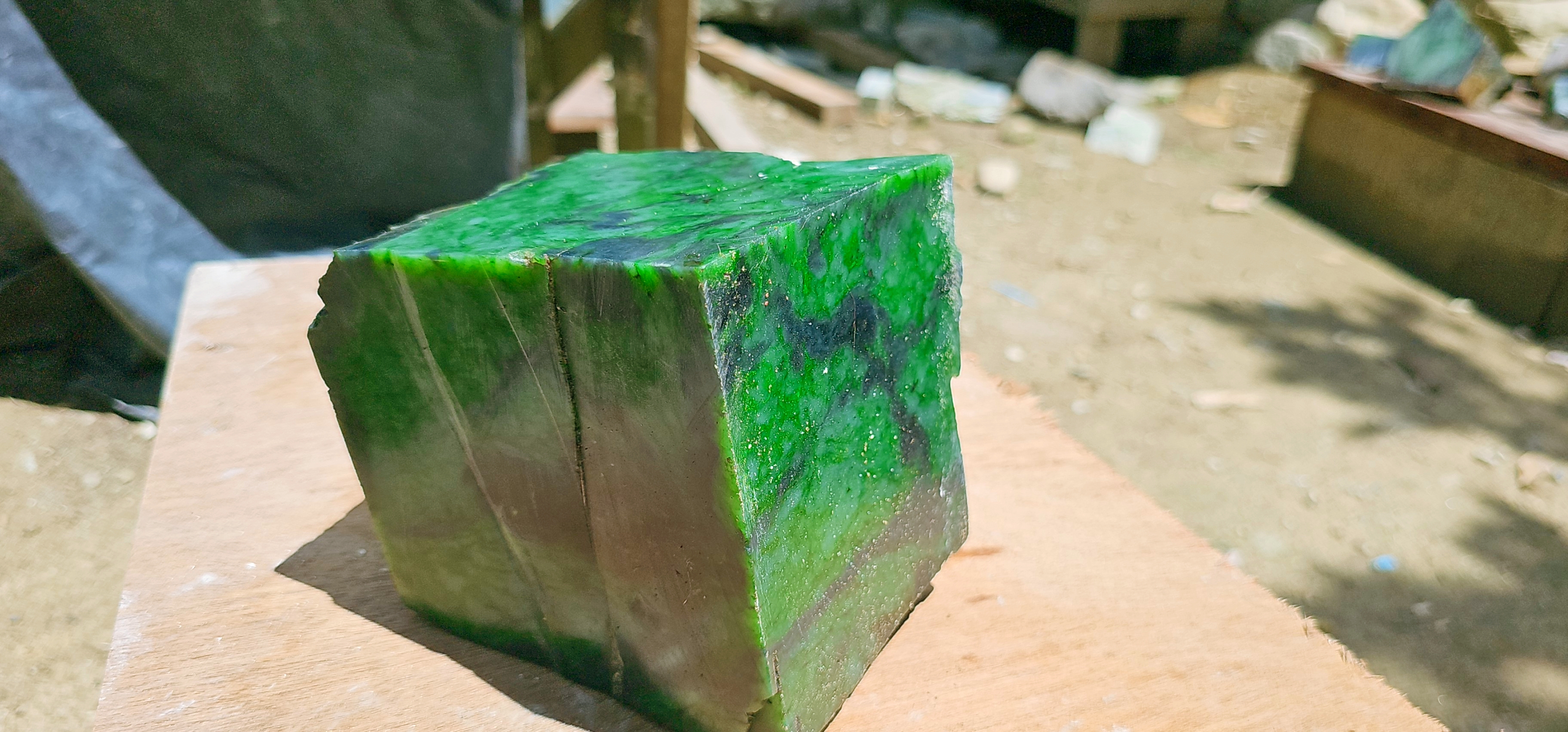 Aceh Natural Moss Green Nephrite Jade with Dark Veined Mottling and Textured Rough Surface – 5.8 KG