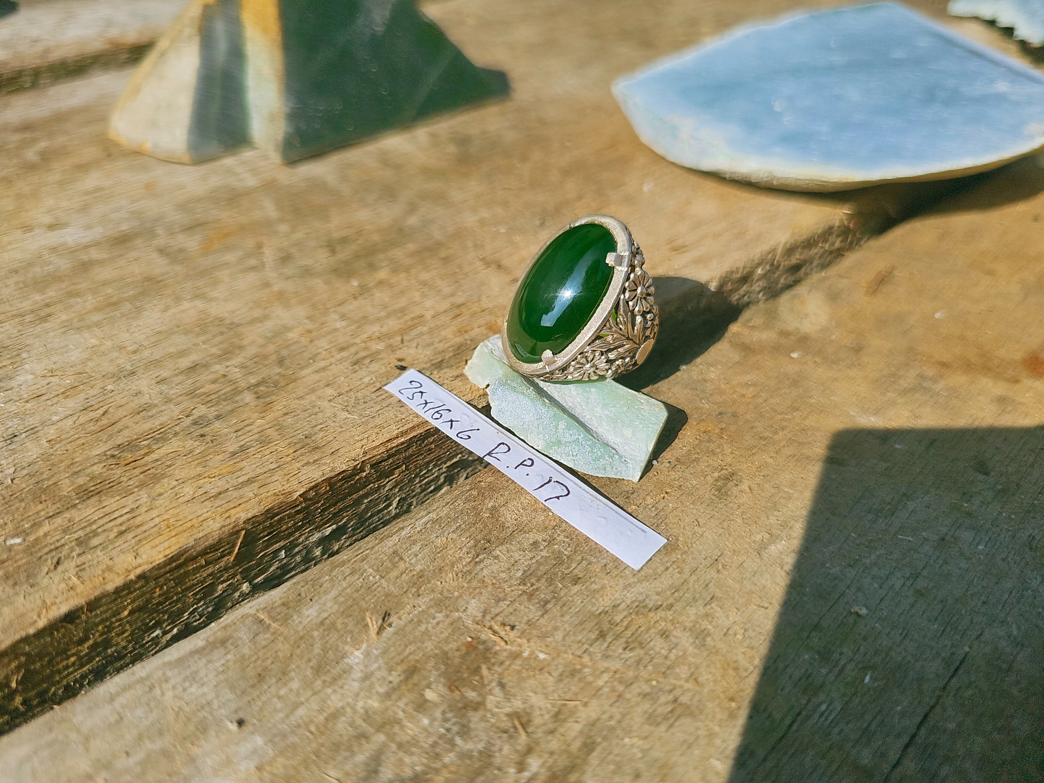 Aceh Natural Deep Forest Green Nephrite Jade Oval Cabochon Ring with Detailed Floral Carved Band – 25x16x6 mm
