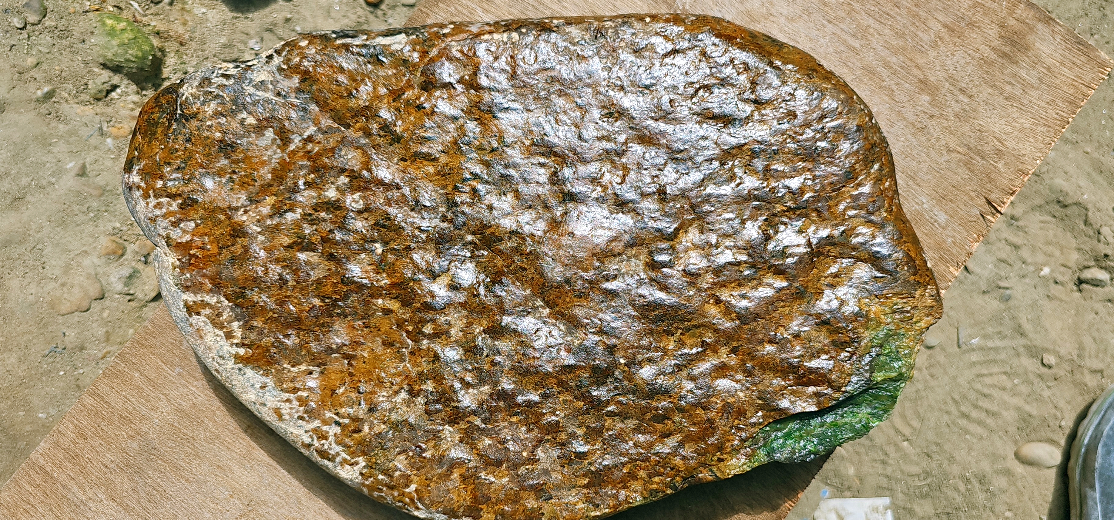 Aceh Natural Rough Nephrite Jade Slab with Rich Brown Crust and Vivid Green Exposed Window – 10.1 KG