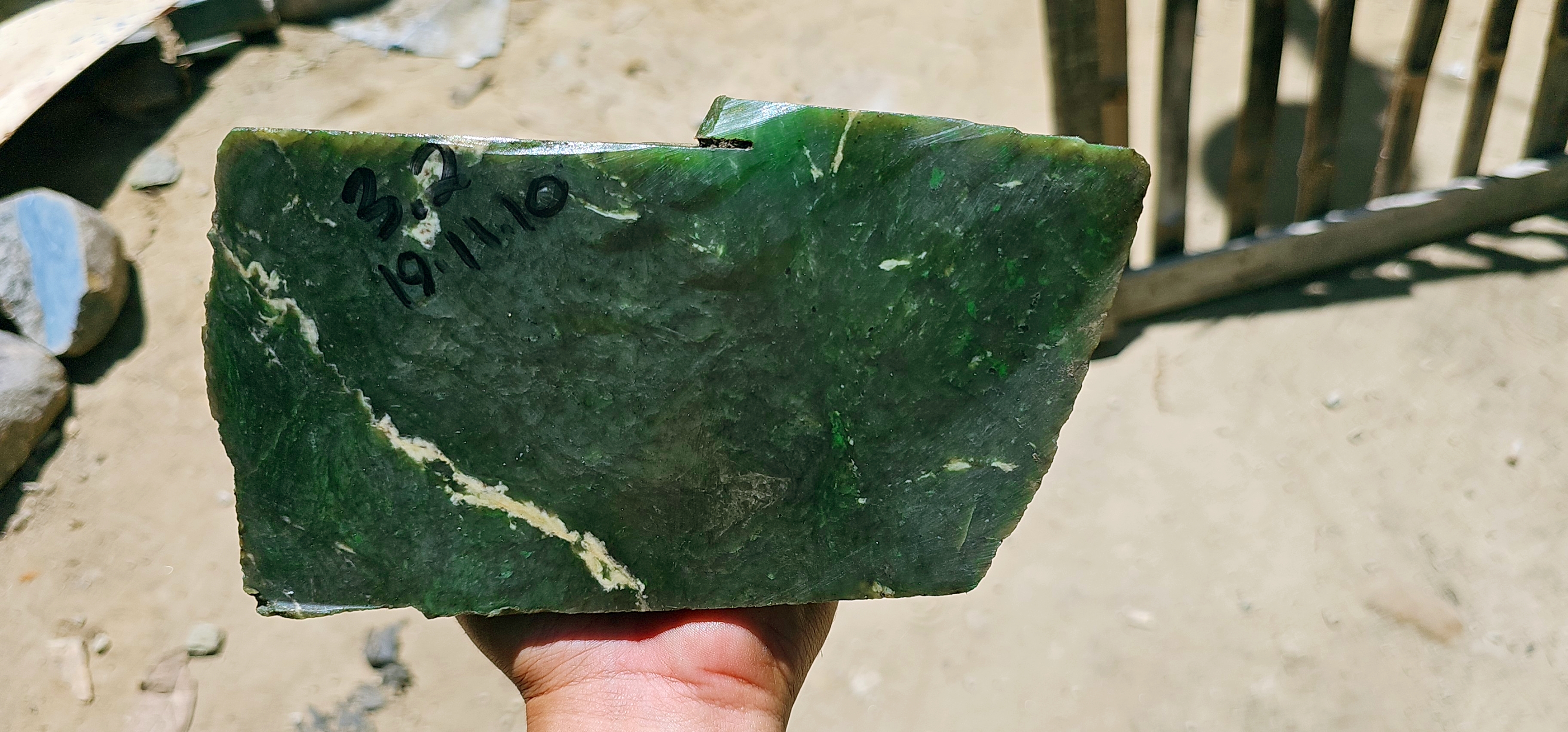 Aceh Natural Deep Forest Green Nephrite Jade with Diagonal White Vein and Textured Rough Surface – 3.2 KG