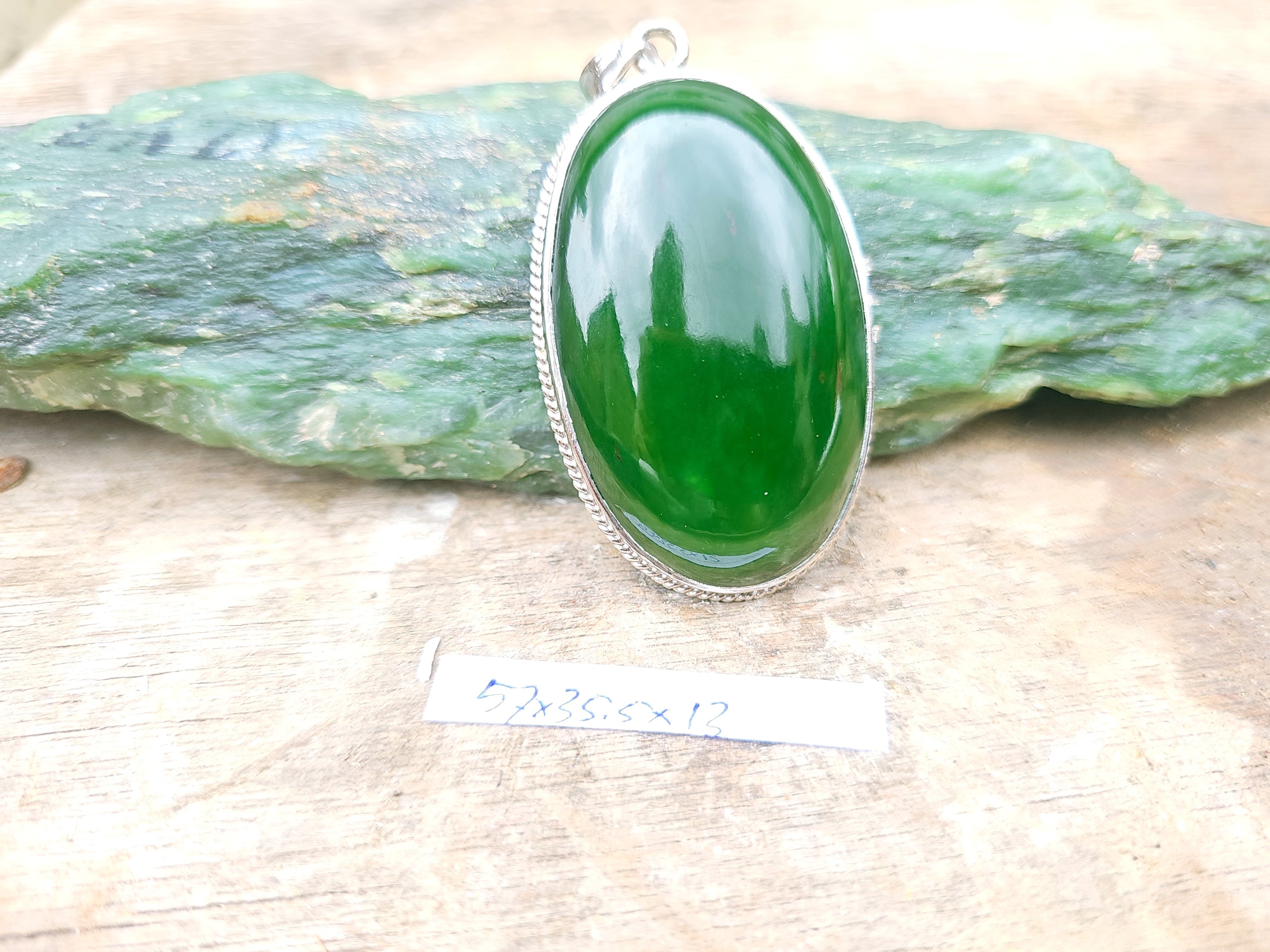 Aceh Deep Forest Green Nephrite Jade Oval Cabochon Pendant with Polished Finish and Decorative Setting Accessories
