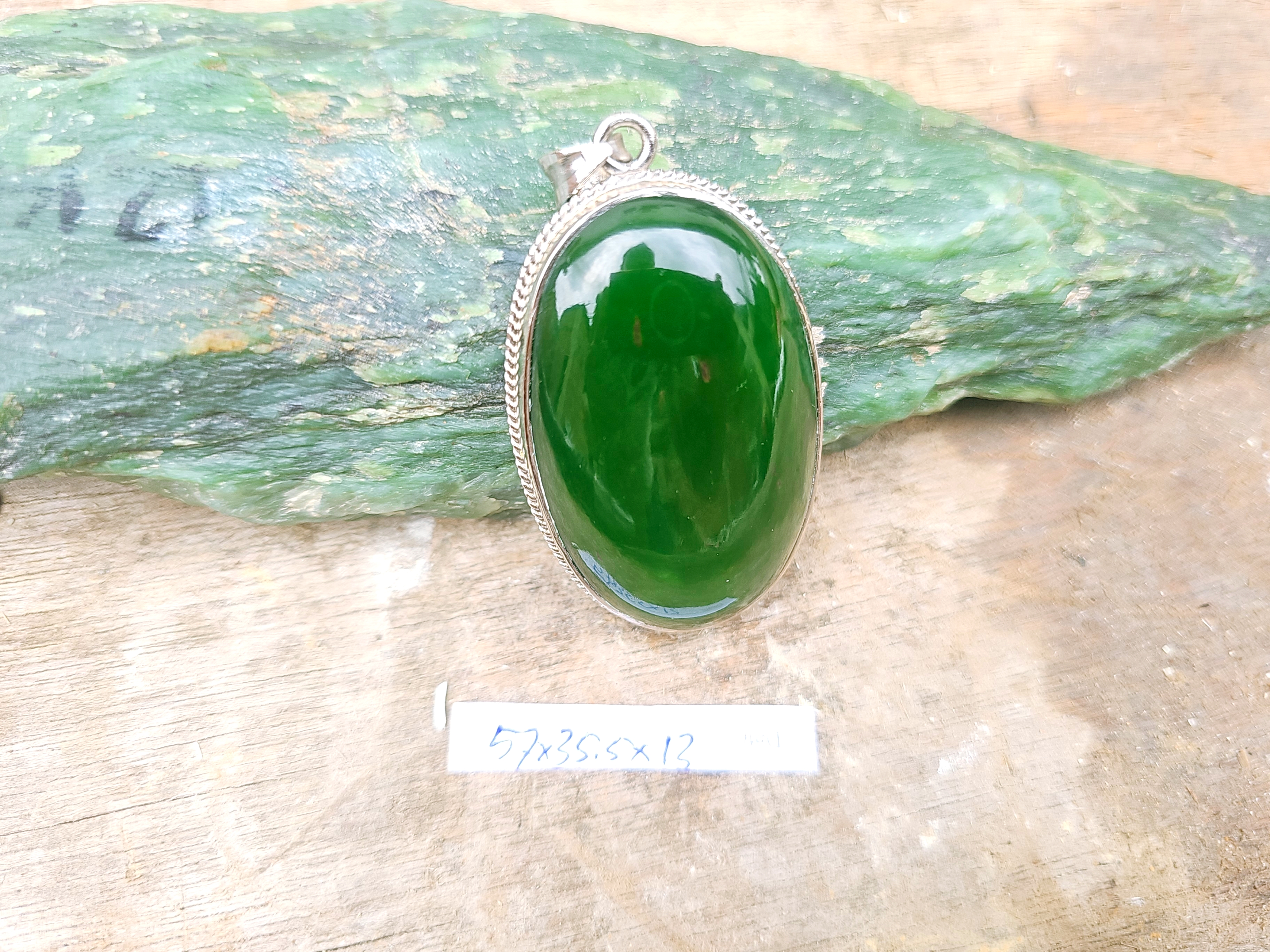 Aceh Deep Forest Green Nephrite Jade Oval Cabochon Pendant with Polished Finish and Decorative Setting Accessories