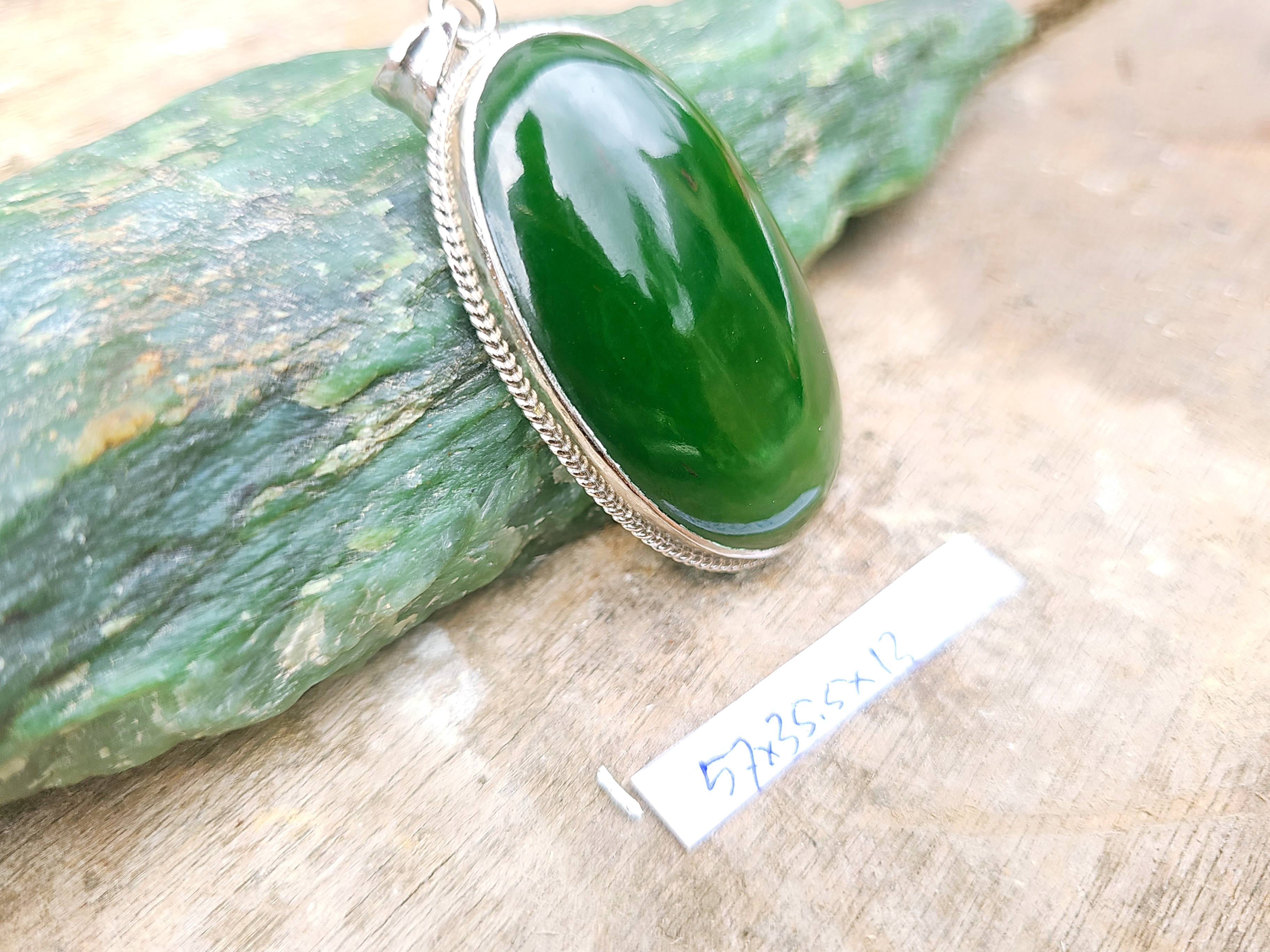 Aceh Deep Forest Green Nephrite Jade Oval Cabochon Pendant with Polished Finish and Decorative Setting Accessories