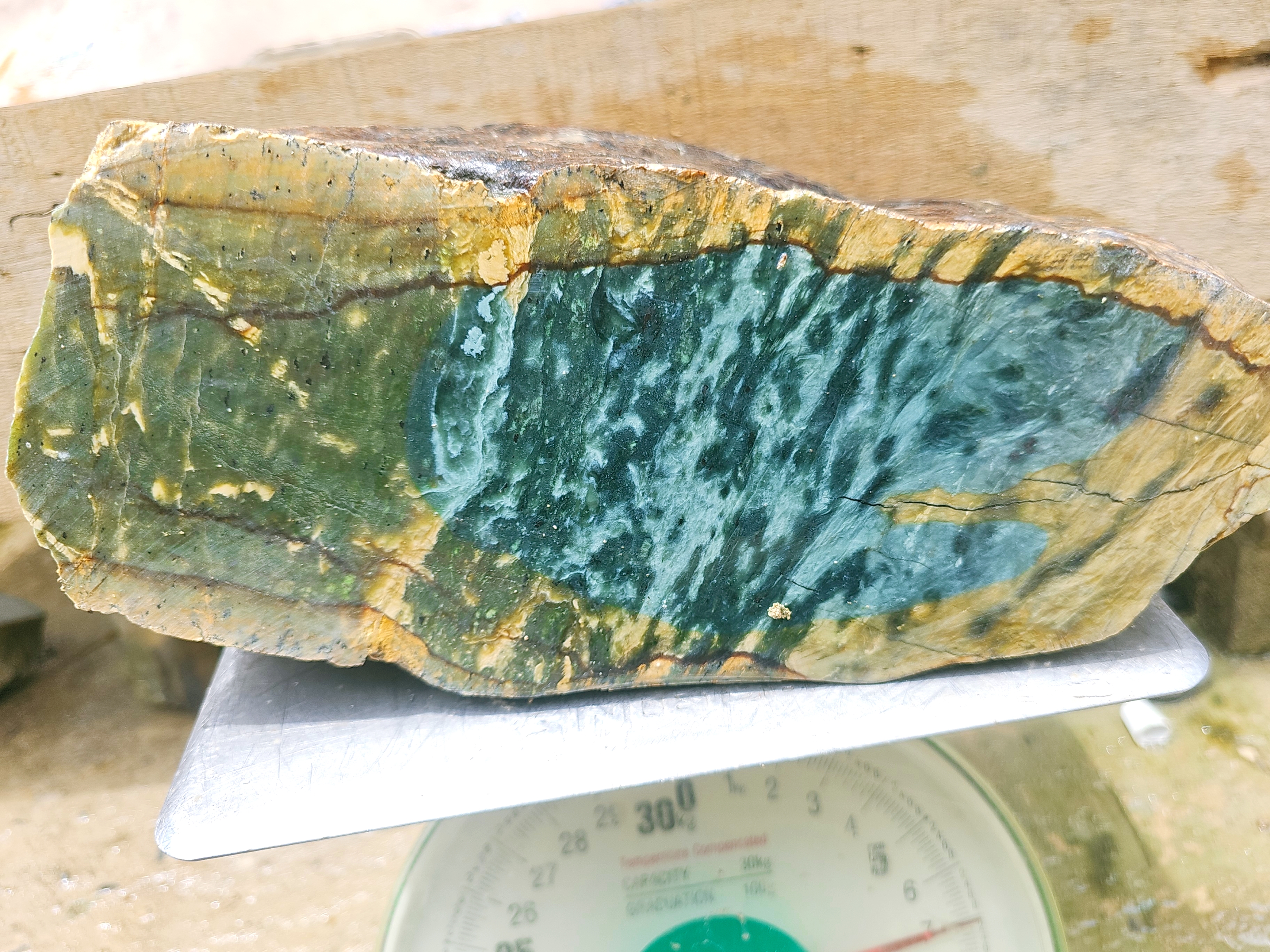 Natural Blue Green Nephrite Jade Rough Stone – Large Teal Jade Block with Golden Brown Skin for Collectors and Lapidary