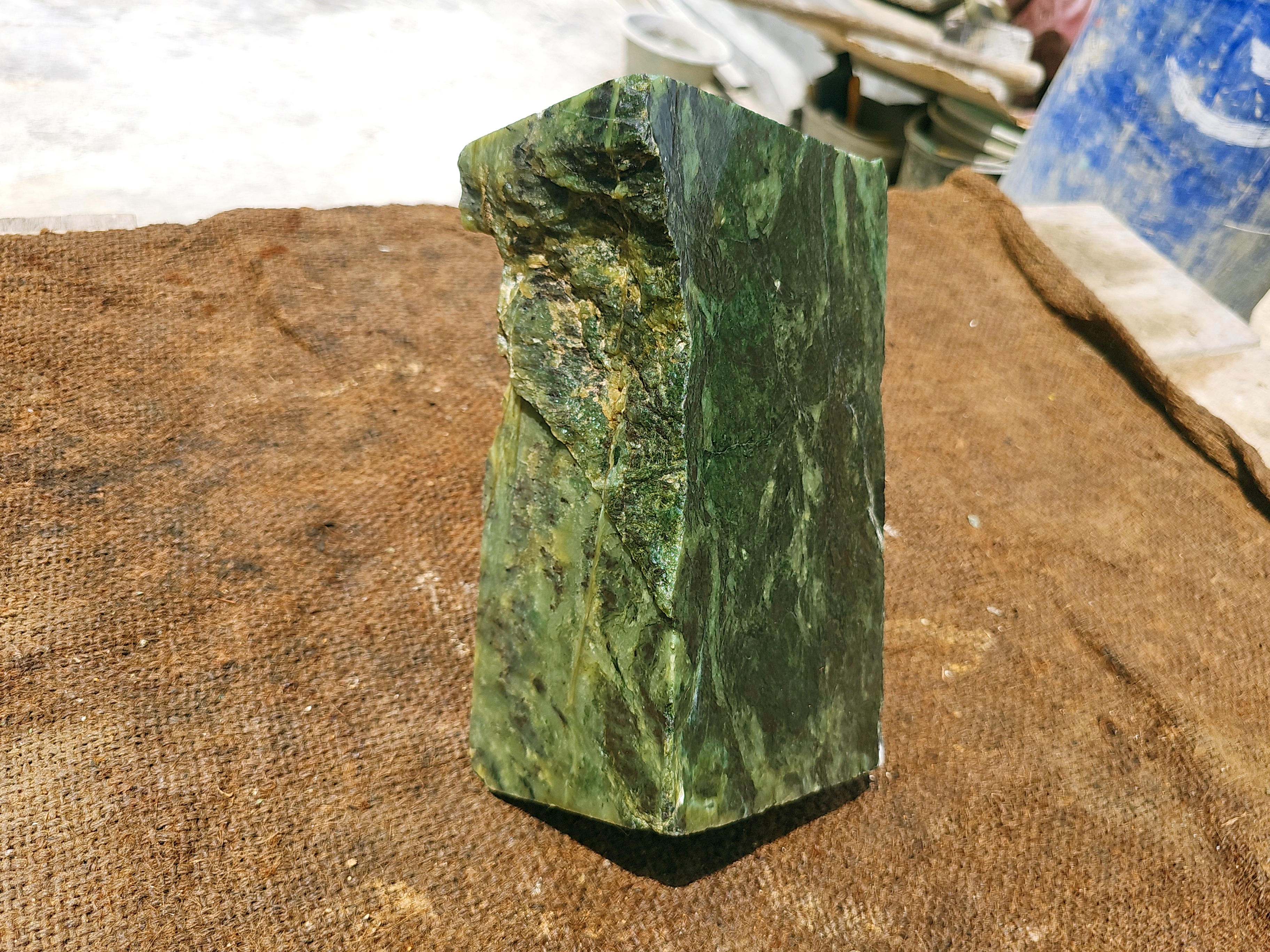 Natural Green Nephrite Jade Rough Stone – Pale Green with Dark Green and White Veins, 6.3 KG