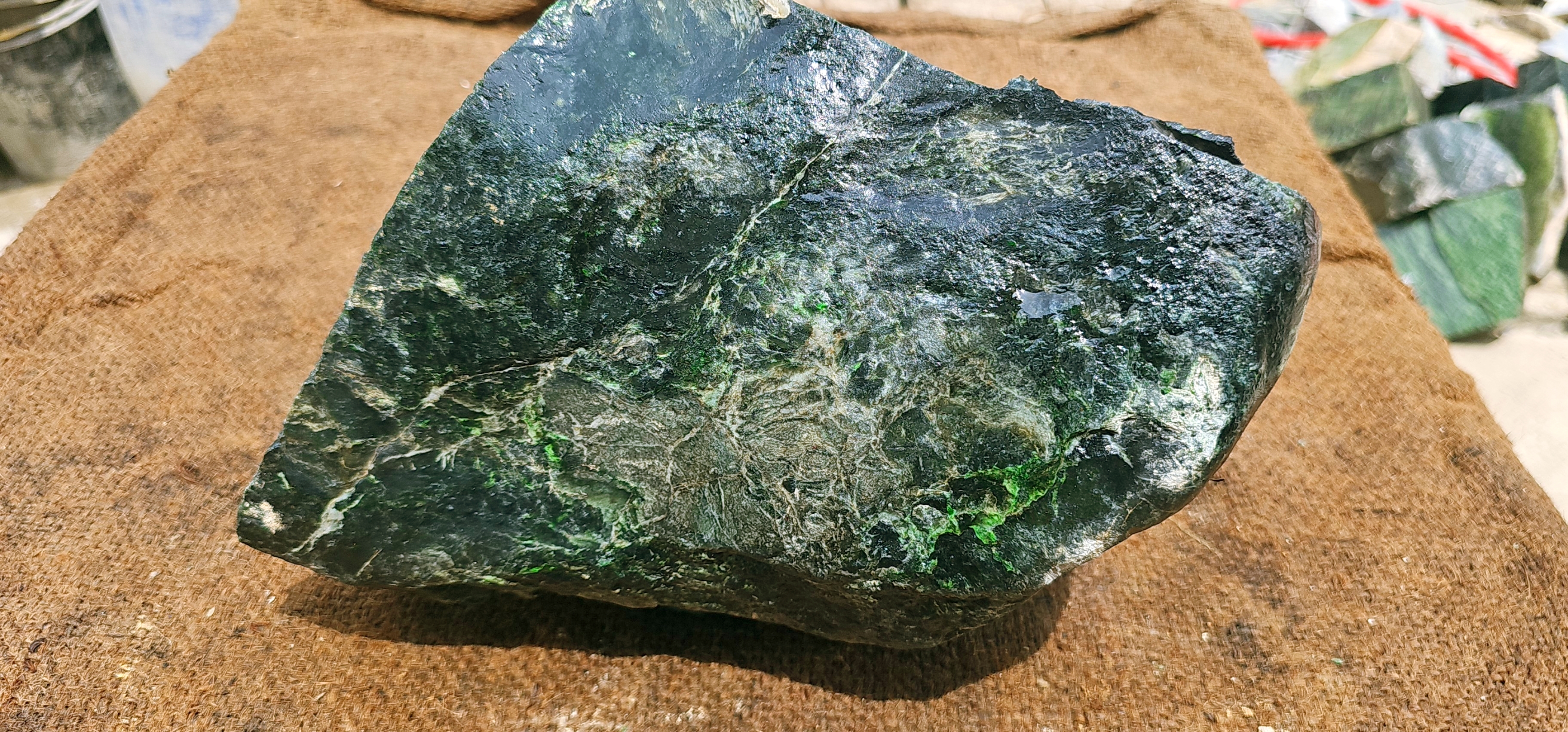 Natural Dark Green Nephrite Jade Rough Stone – Deep Green with Light Green Inclusions, 12.5 KG