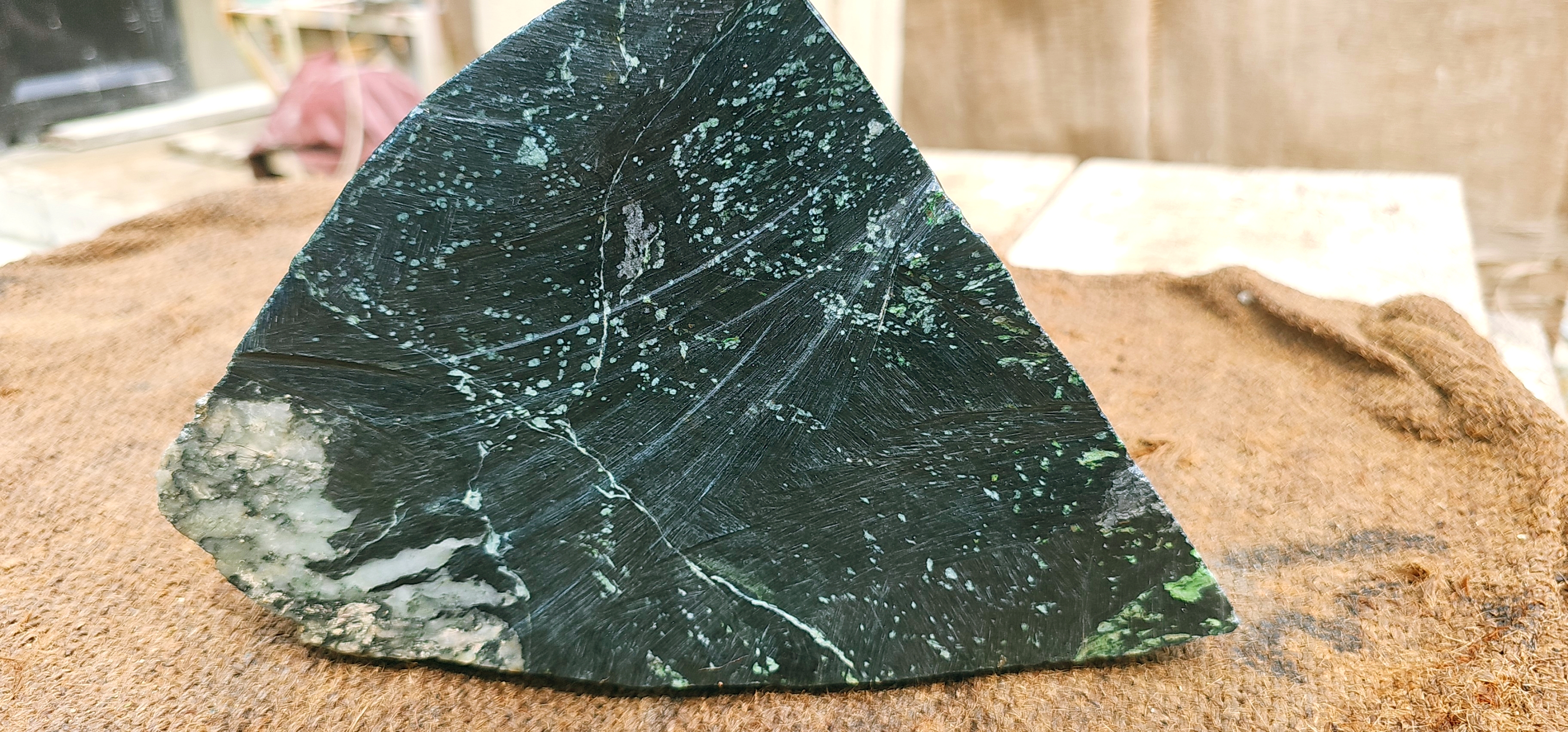 Natural Dark Green Nephrite Jade Rough Slab – Blue-Green Base with White and Light Green Inclusions