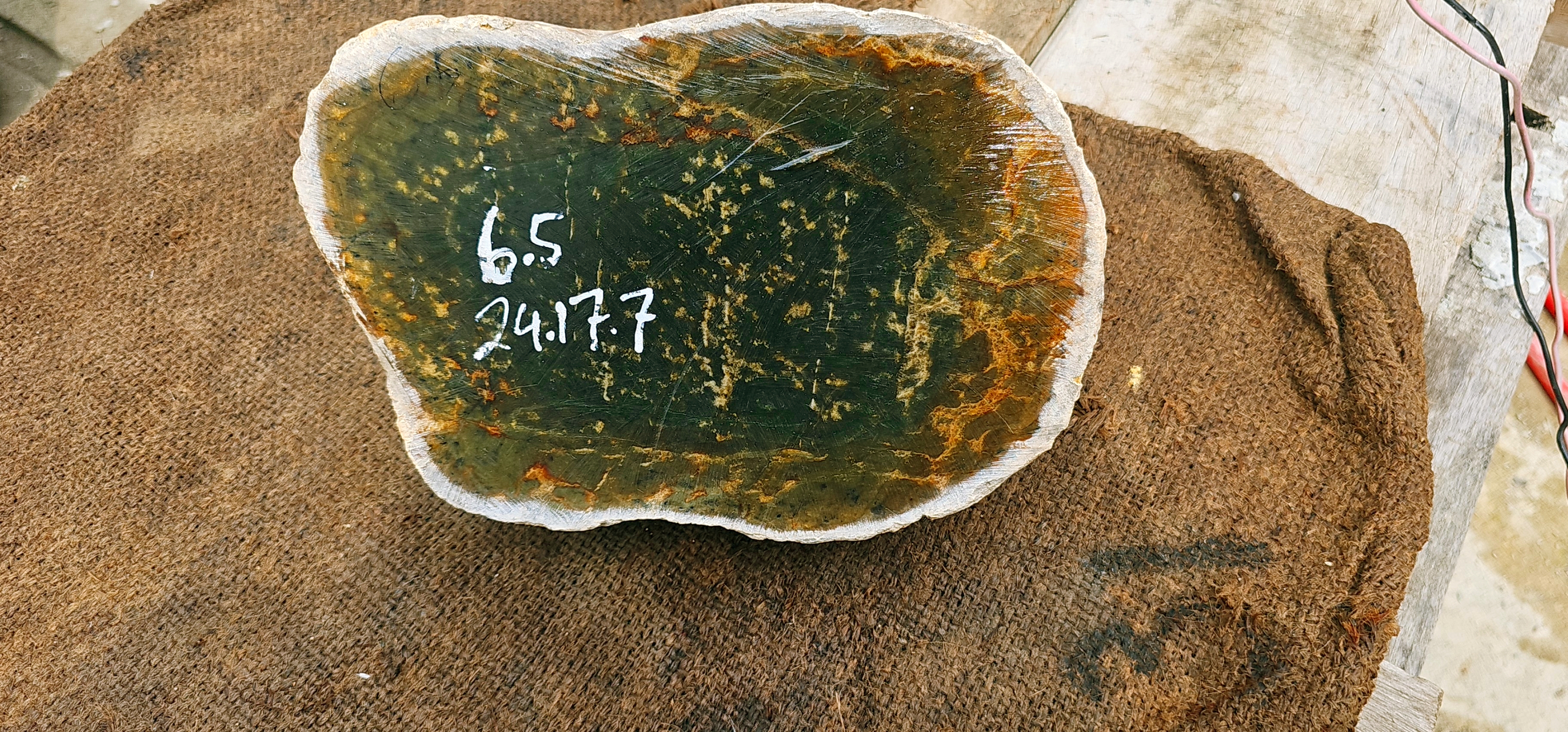6.5KG Natural Dark Green Nephrite Jade Rough Slab – Green Stone with Golden Yellow and Orange-Brown Inclusions