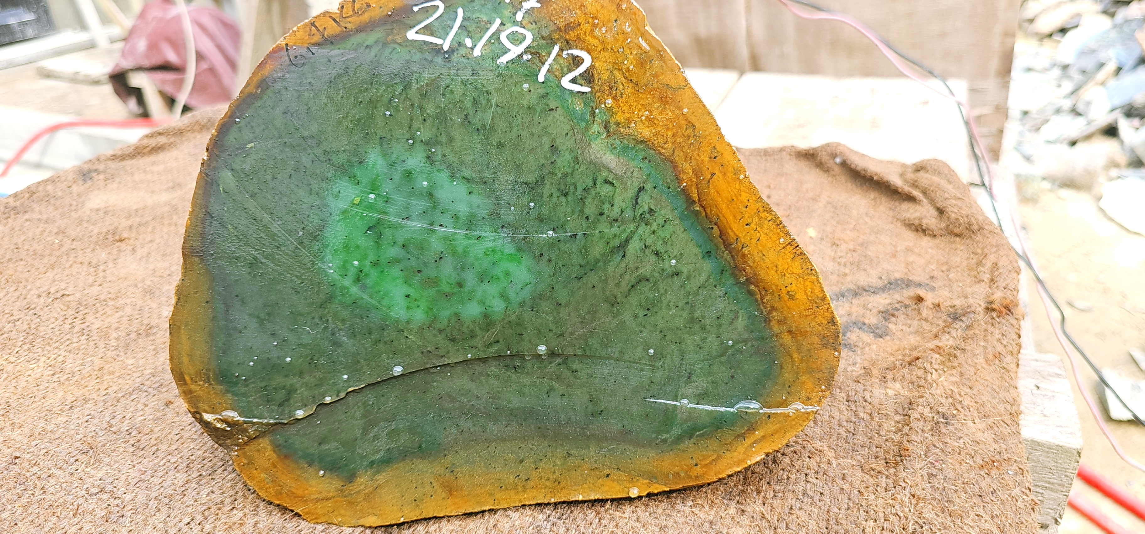 6.7KG Natural Green Nephrite Jade Rough Slab – Deep Green Center with Golden Yellow and Orange-Brown Outer Patterns