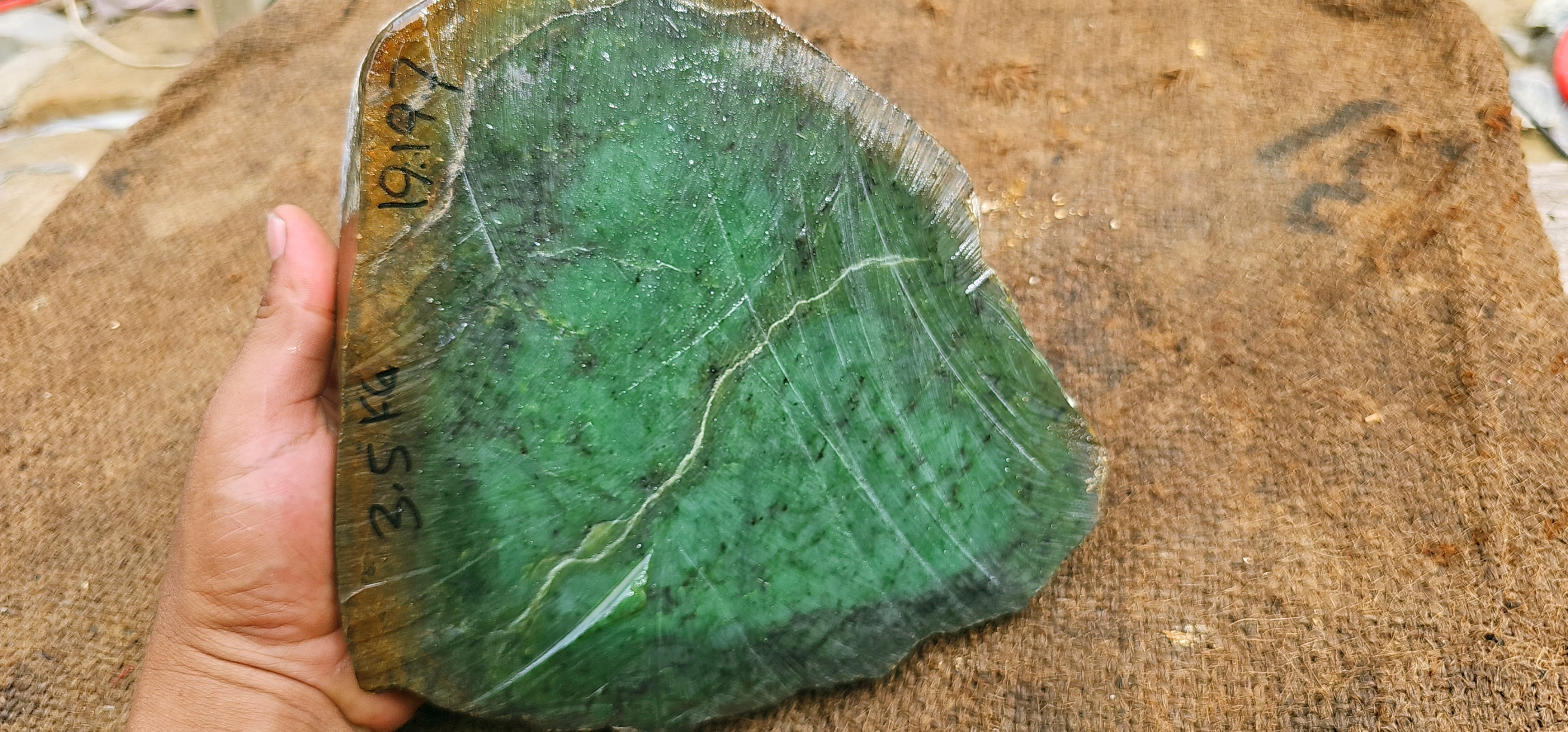 3.5KG Natural Green Nephrite Jade Rough Slab – Deep Emerald Green with Golden Brown Outer Skin
