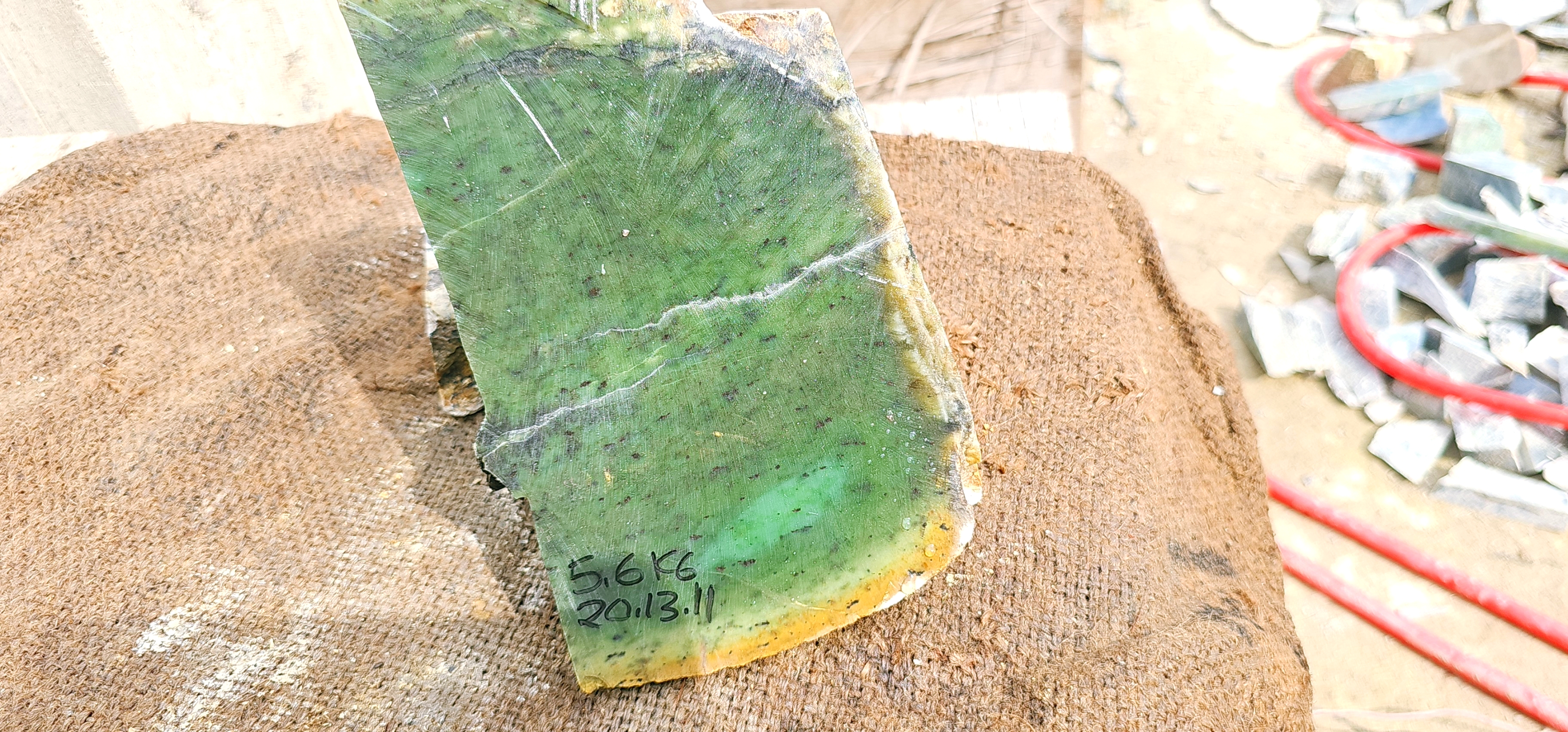 Natural Green Nephrite Jade Rough Slab – Dark Green with Yellow-Green Veins, 5.6 KG