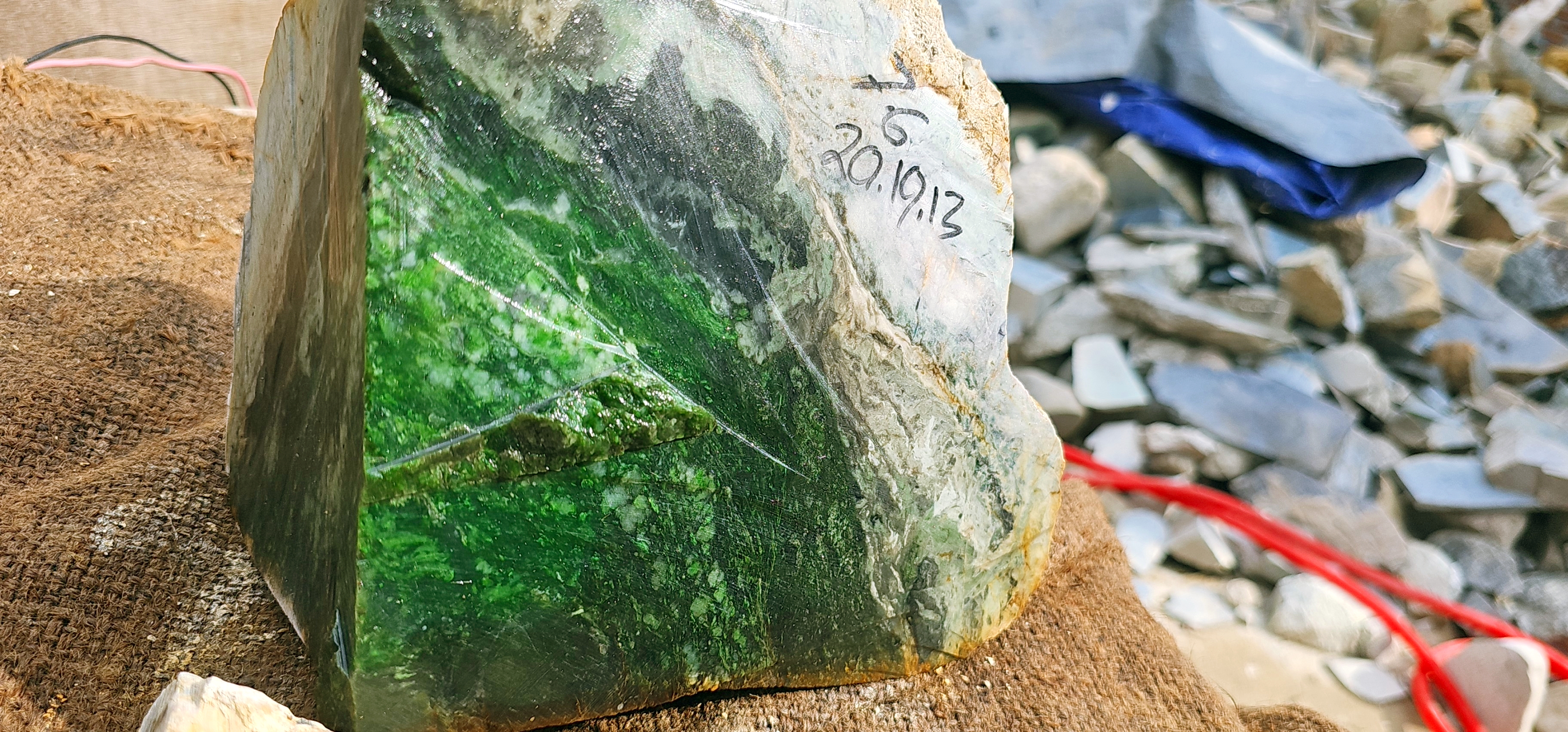 Natural Dark Green Nephrite Jade Rough Slab with White and Pale Green Mineral Veins – 7.6 KG