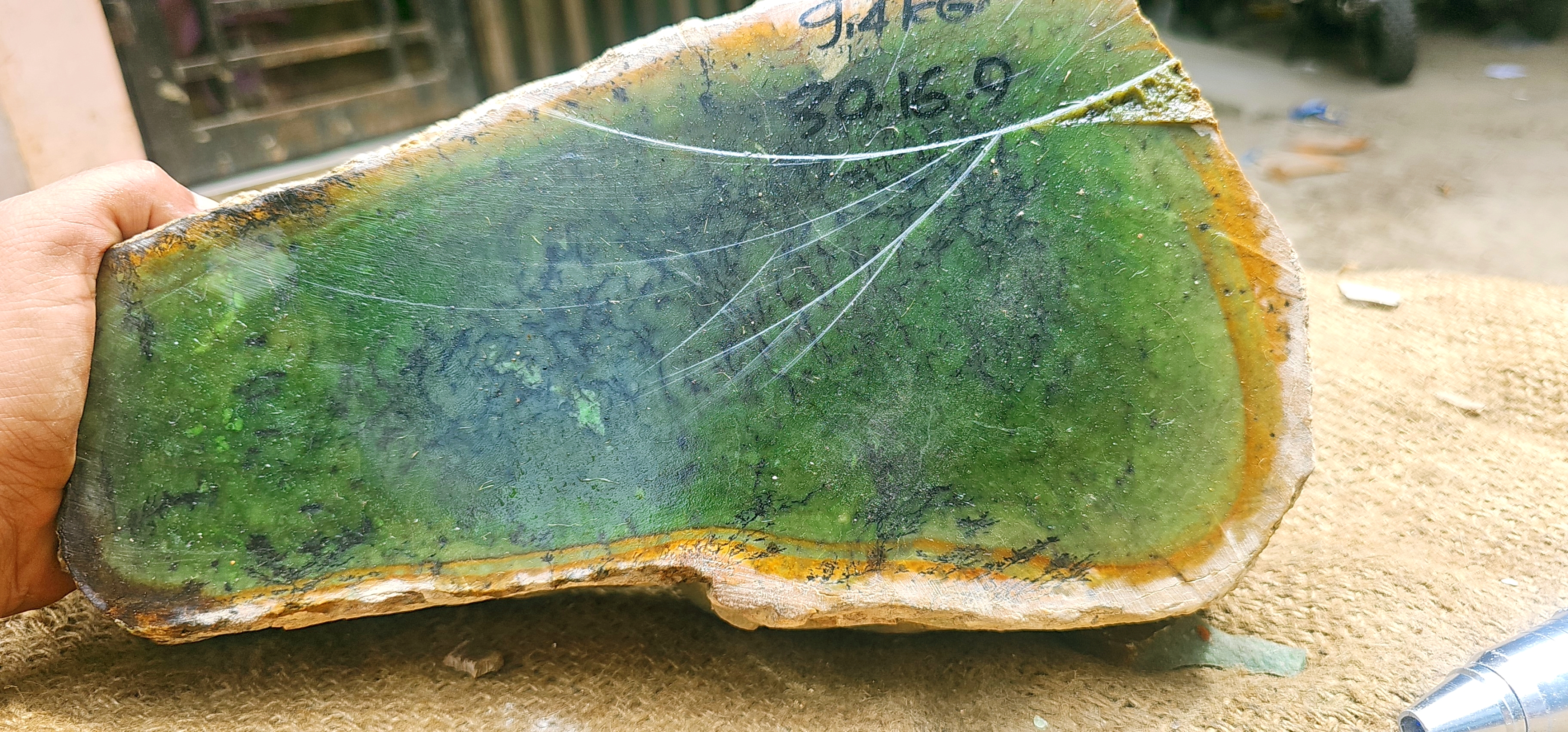 Natural Green Nephrite Jade Rough Slab with Golden Yellow Edges – 9.4 KG