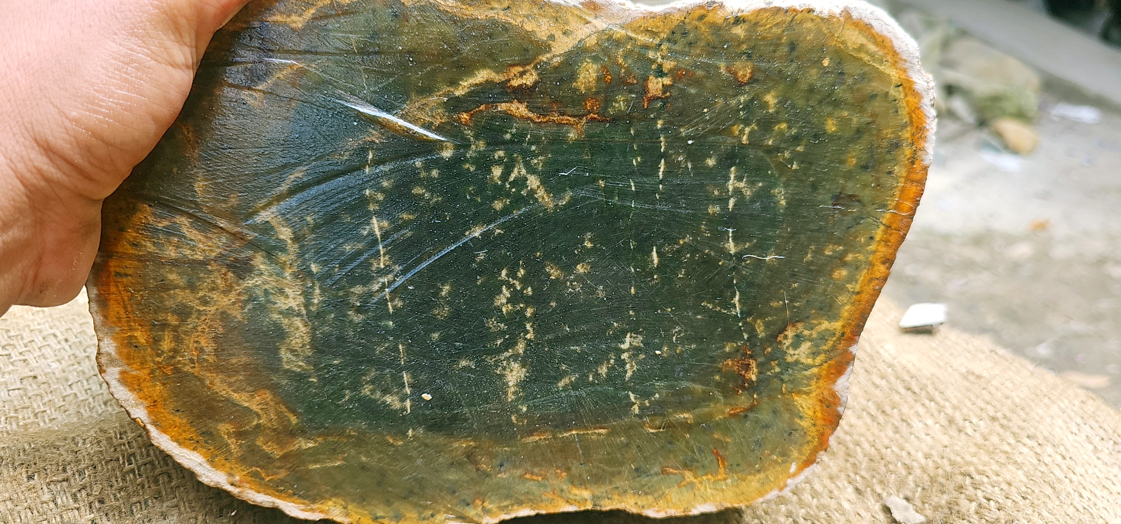 Natural Green Nephrite Jade Rough Slab – Dark Green with Golden-Brown Matrix, 9.6 KG