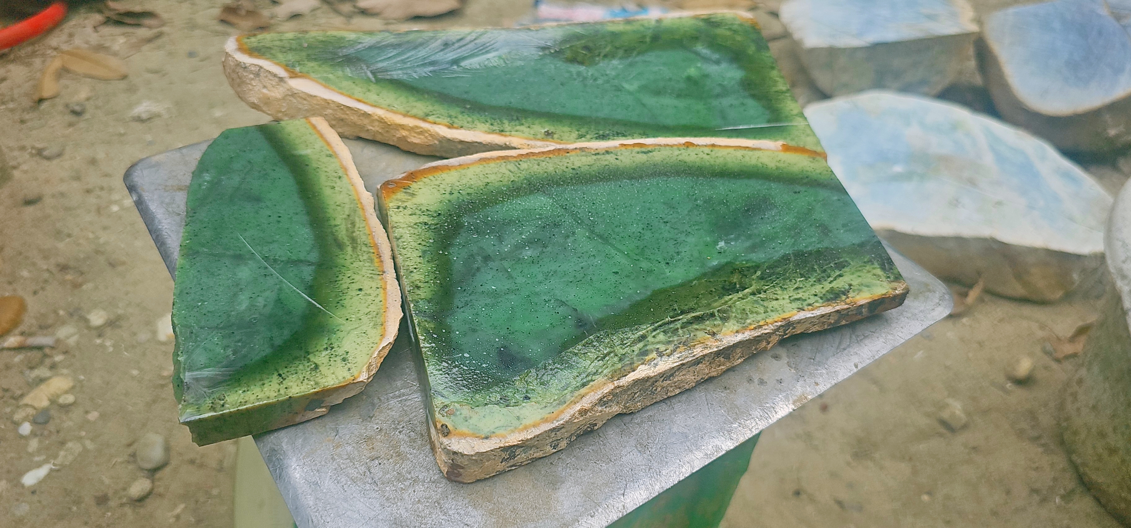 Natural Green Jade Rough Slabs – Deep Green with Natural Yellow-Green Border, 3 Pieces, 2.2 KG