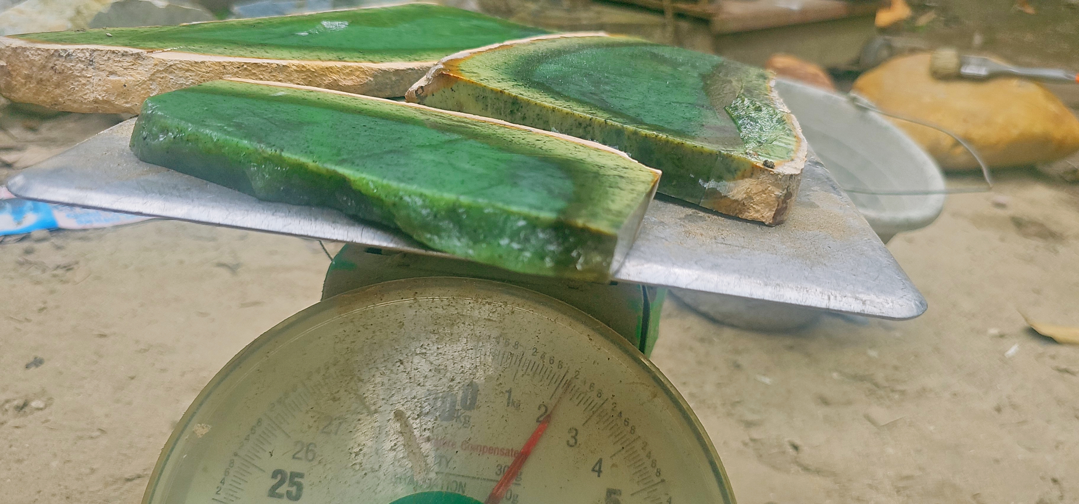 Natural Green Jade Rough Slabs – Deep Green with Natural Yellow-Green Border, 3 Pieces, 2.2 KG