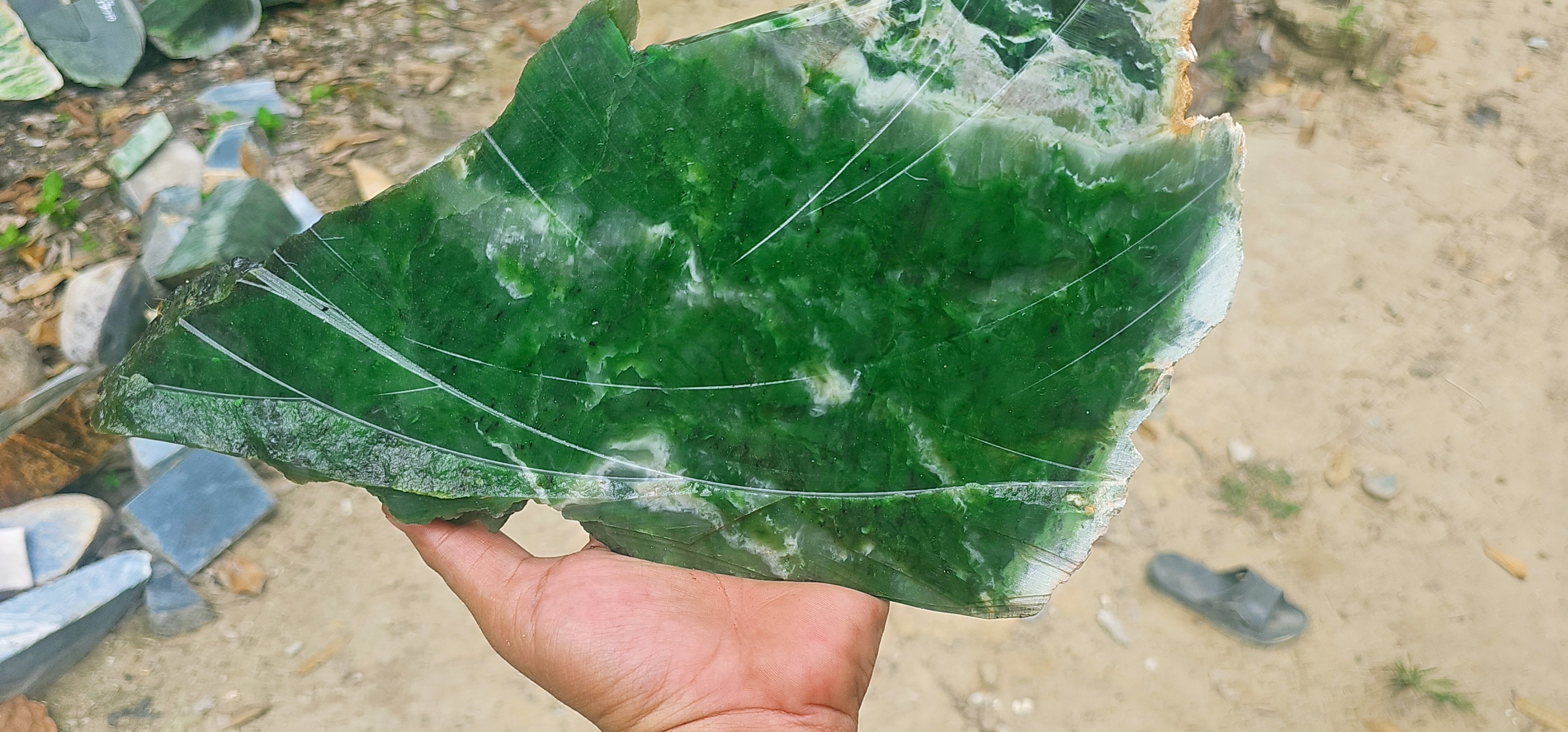Natural Deep Green Jade Rough Stone – Rich Green with Distinctive White Veining, 1.2 KG
