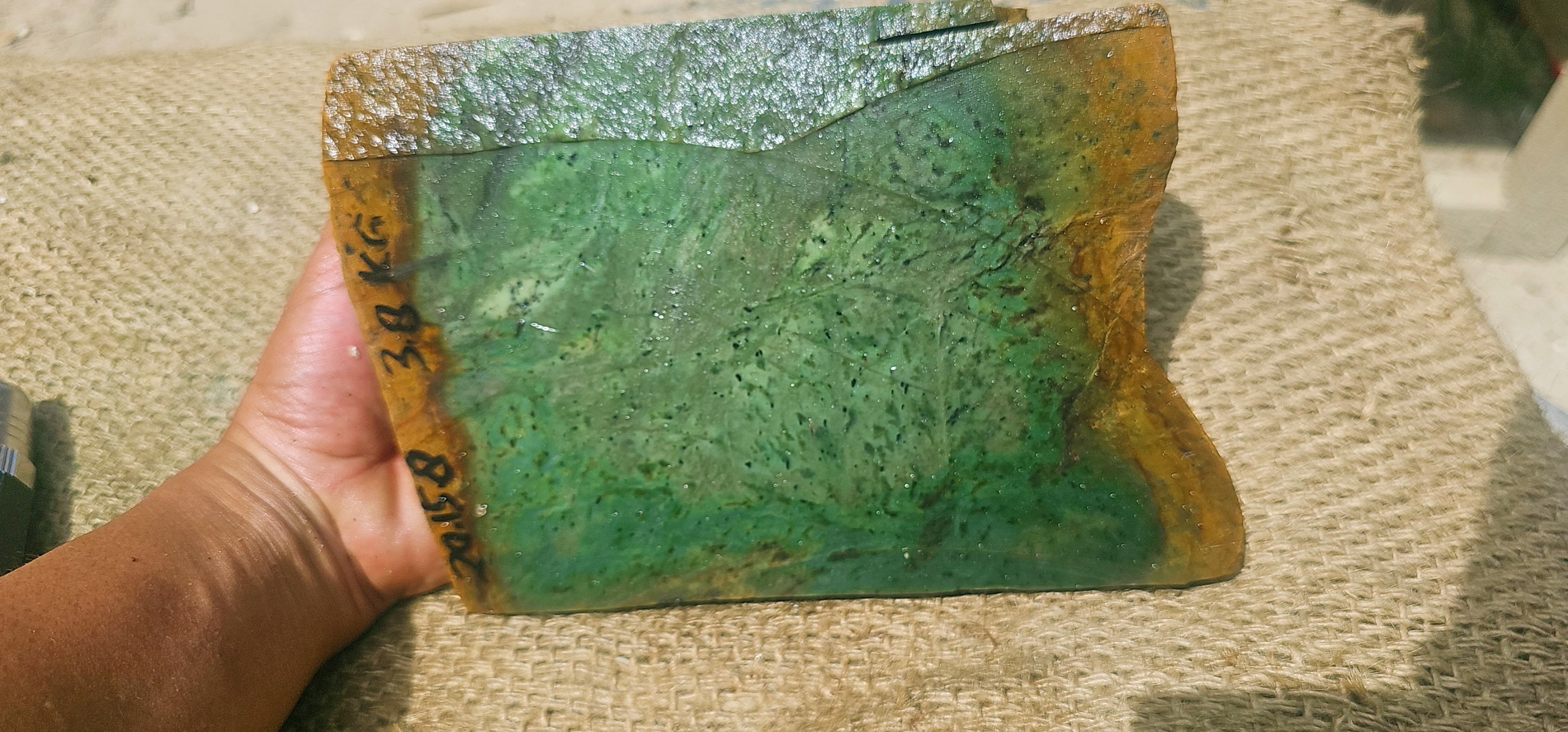 Natural Green Jade Rough Stone – Translucent Green with Golden-Brown Natural Border, 3.8 KG