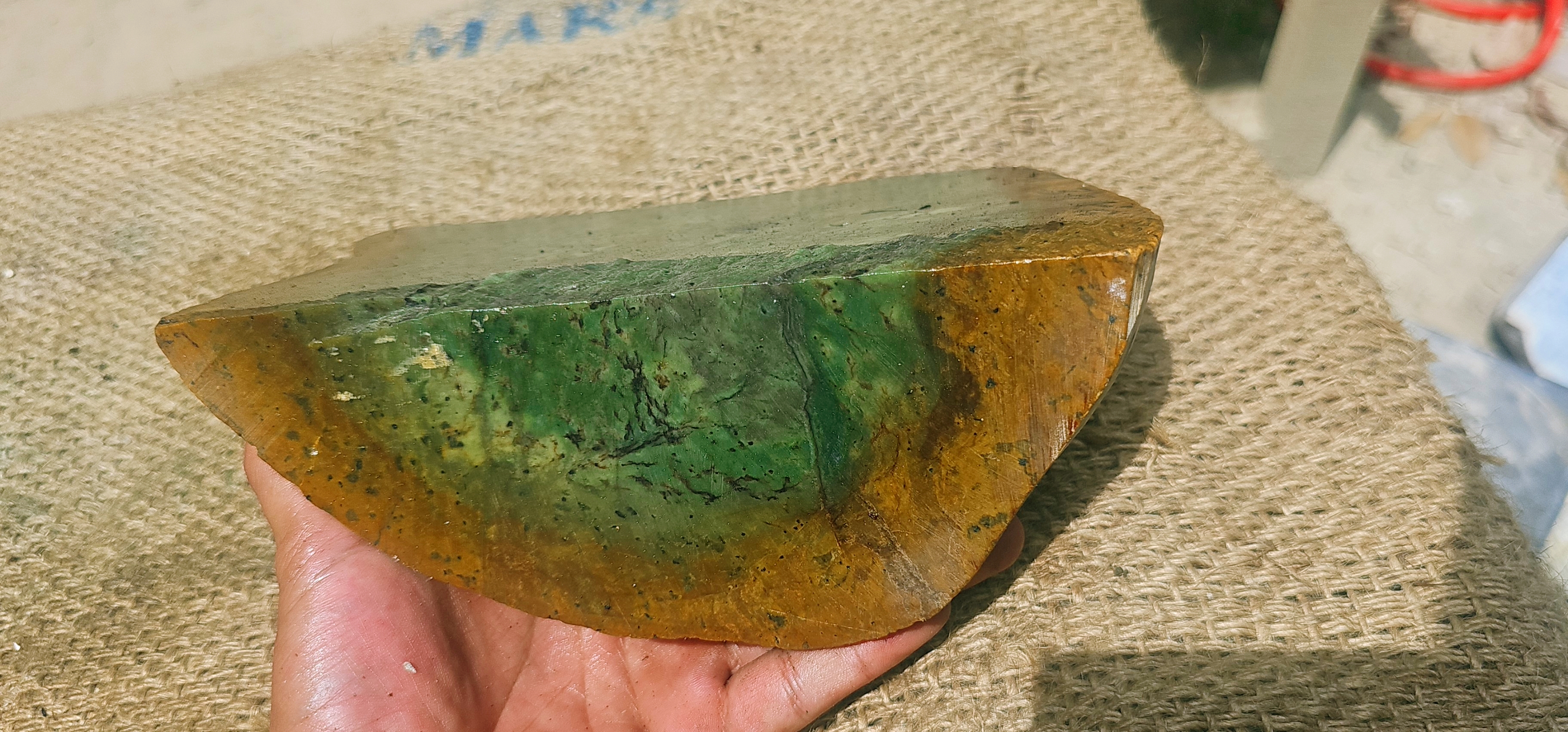 Natural Green Jade Rough Stone – Translucent Green with Golden-Brown Natural Border, 3.8 KG