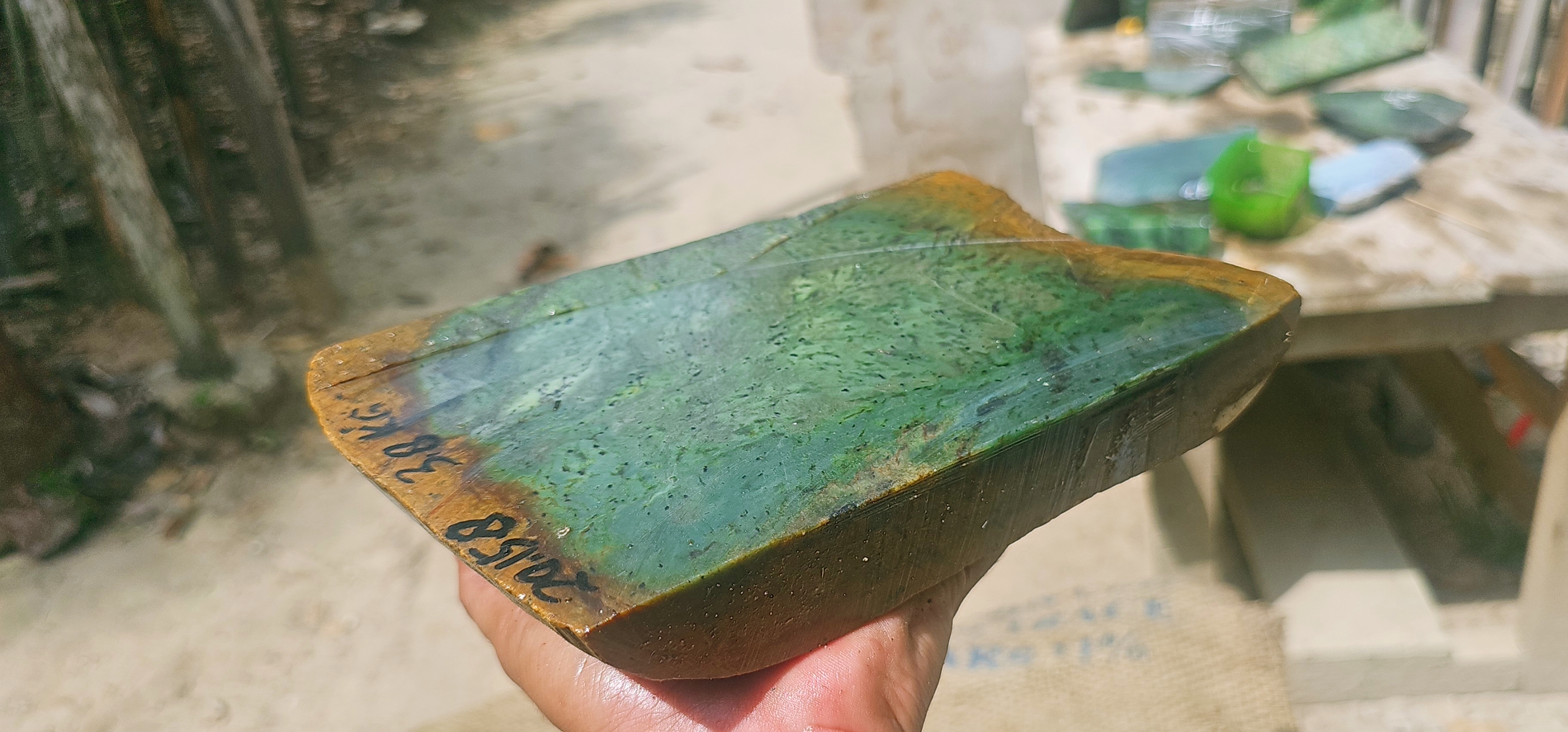Natural Green Jade Rough Stone – Translucent Green with Golden-Brown Natural Border, 3.8 KG