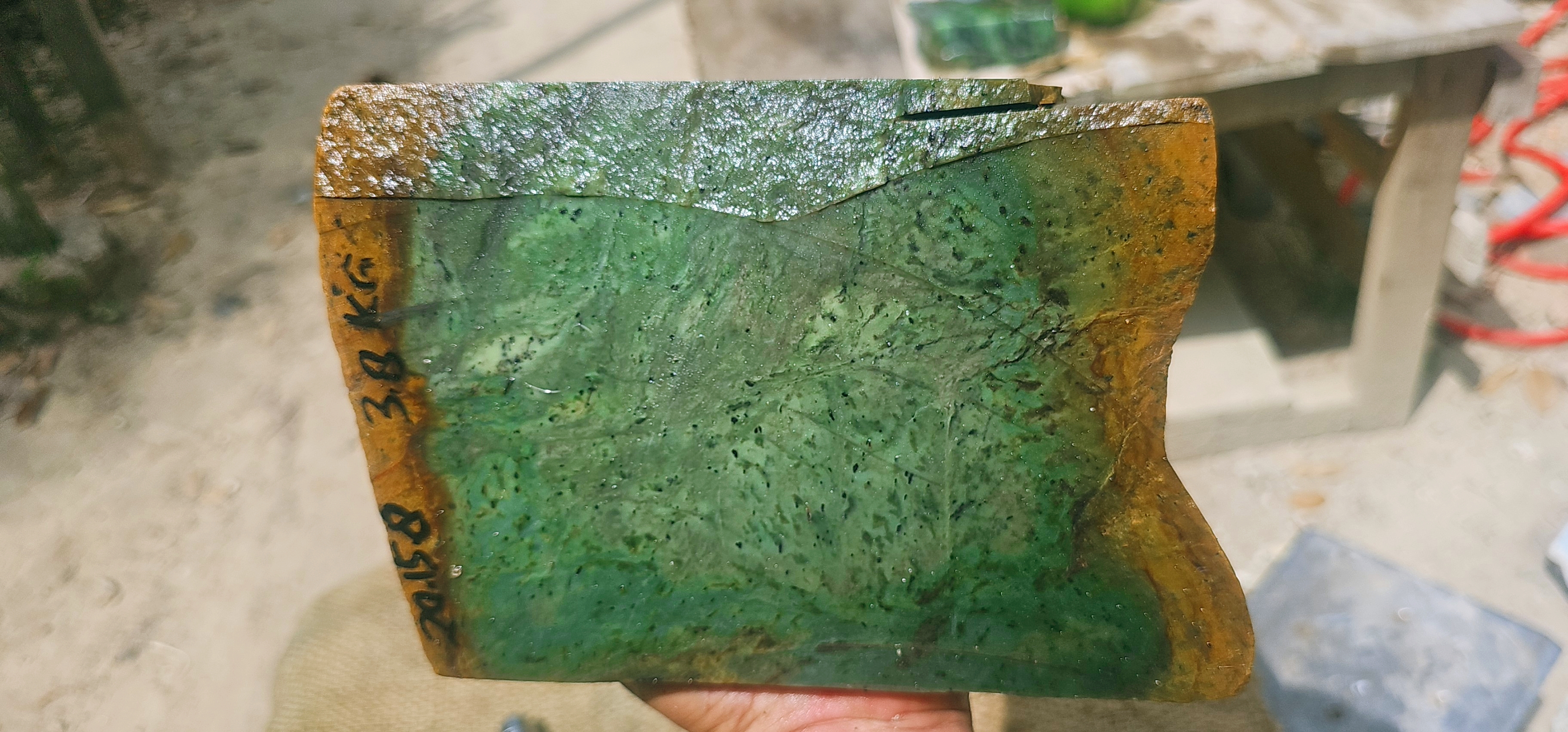 Natural Green Jade Rough Stone – Translucent Green with Golden-Brown Natural Border, 3.8 KG
