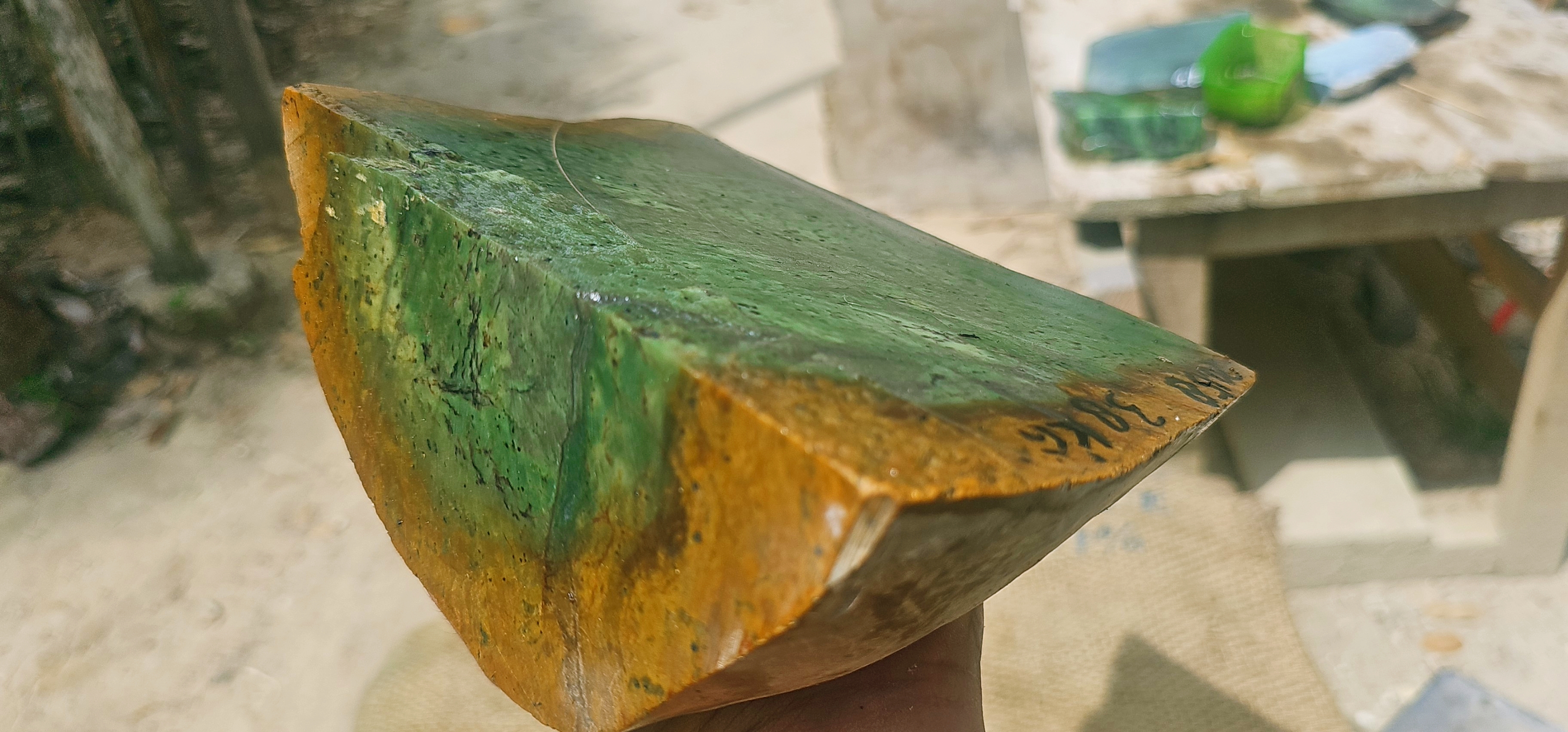 Natural Green Jade Rough Stone – Translucent Green with Golden-Brown Natural Border, 3.8 KG