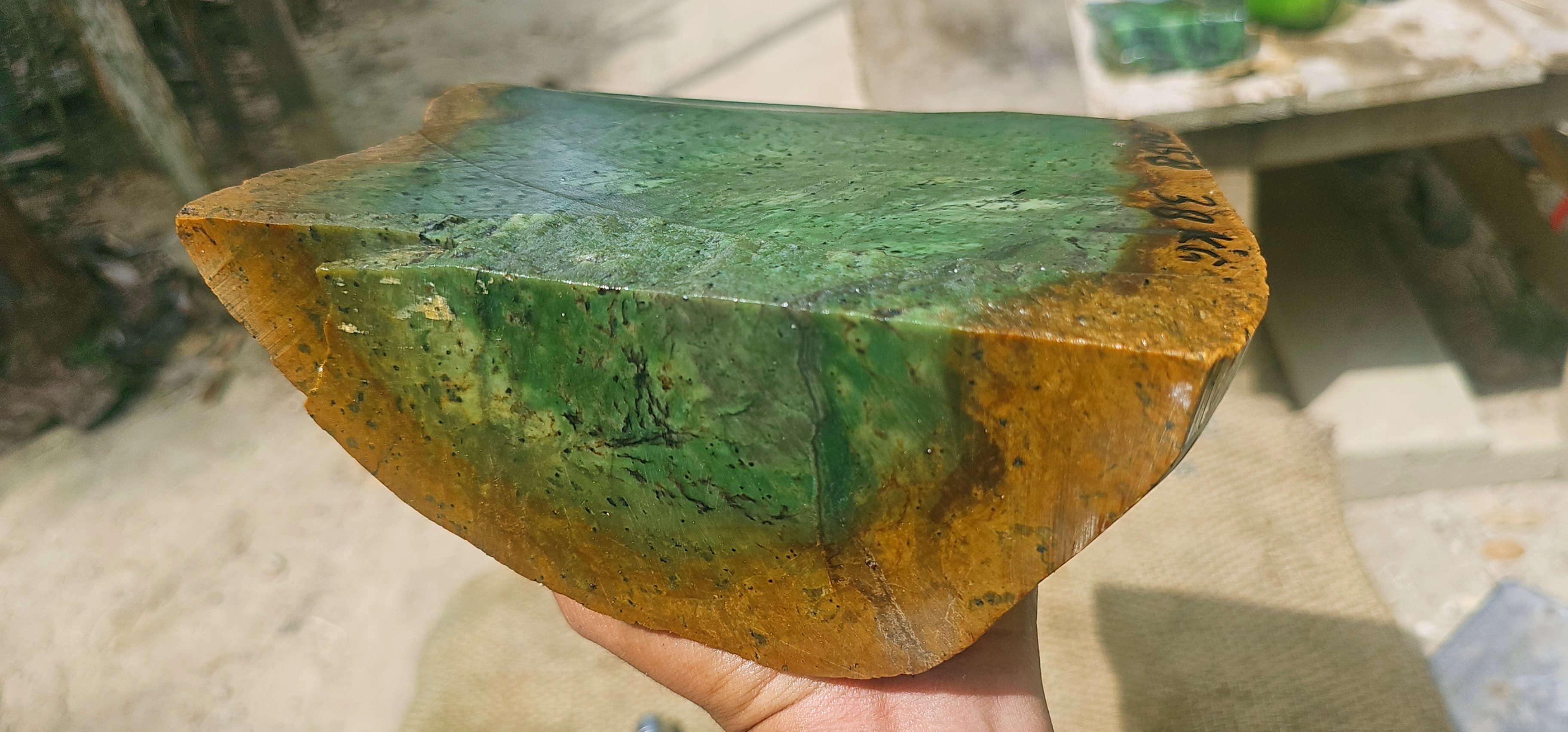 Natural Green Jade Rough Stone – Translucent Green with Golden-Brown Natural Border, 3.8 KG