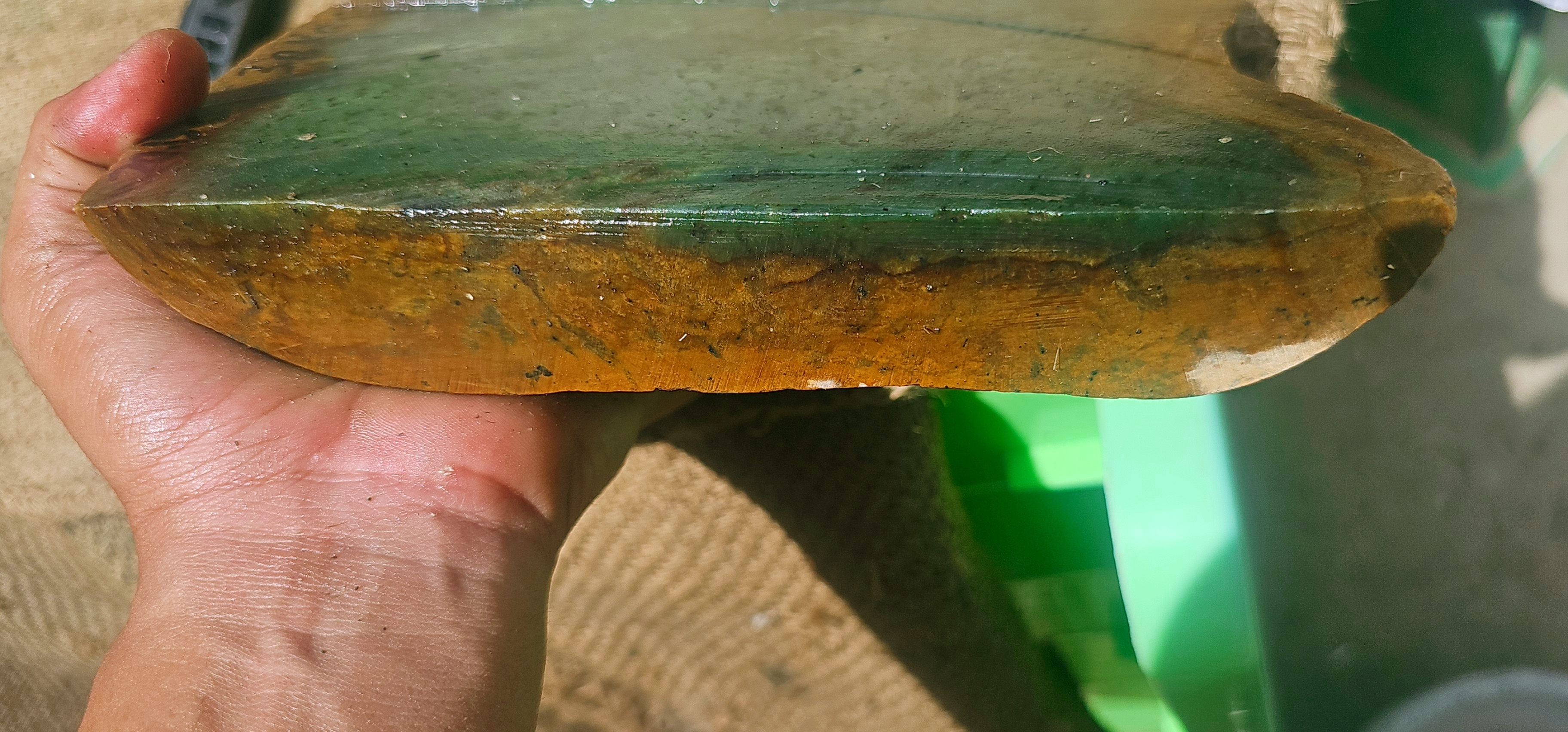 Natural Green Jade Rough Stone – Translucent Green with Golden-Brown Natural Border, 3.8 KG