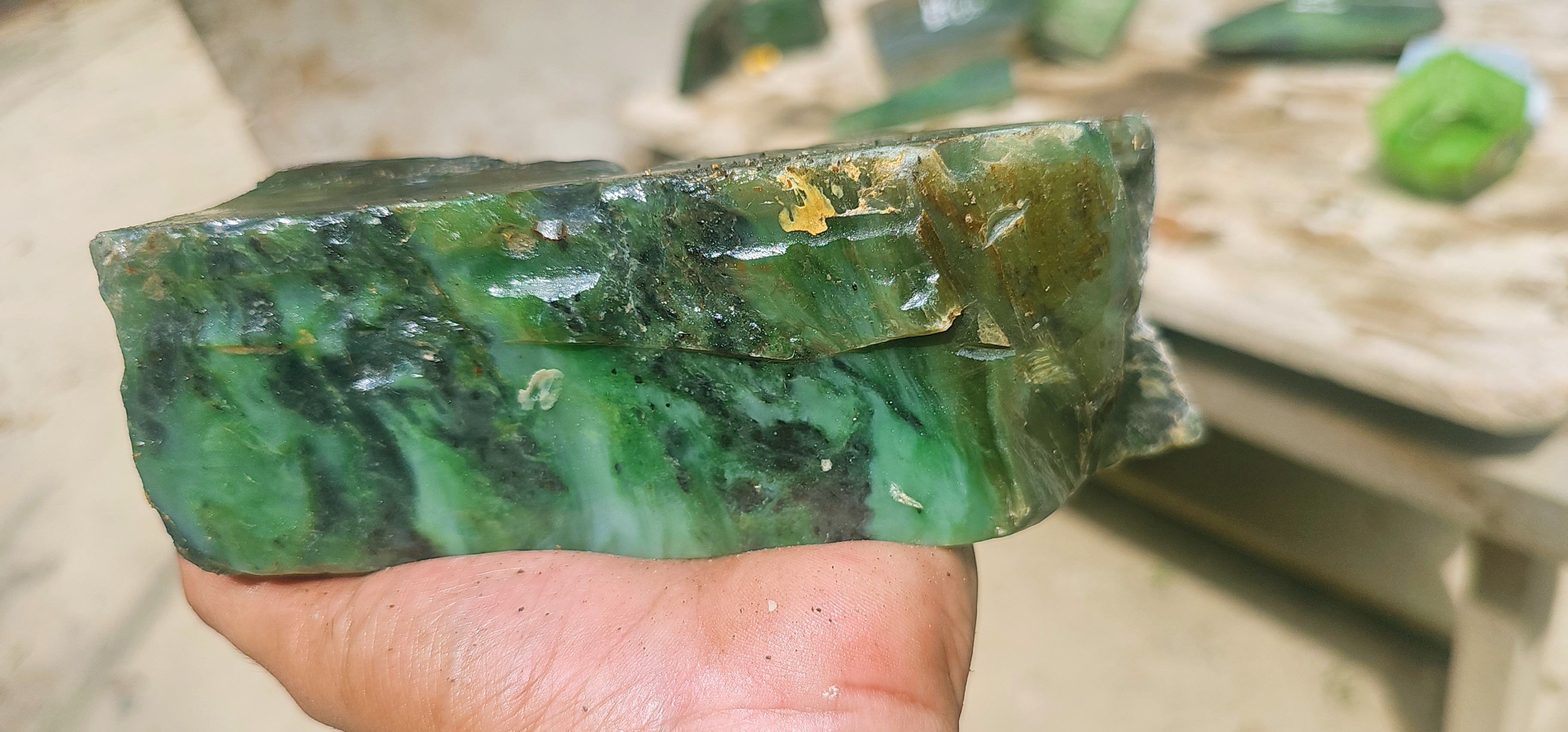 Natural Green Jade Rough Stone – Deep Green with Translucent Mint-Green Veining & Dark Matrix, 1.6 KG