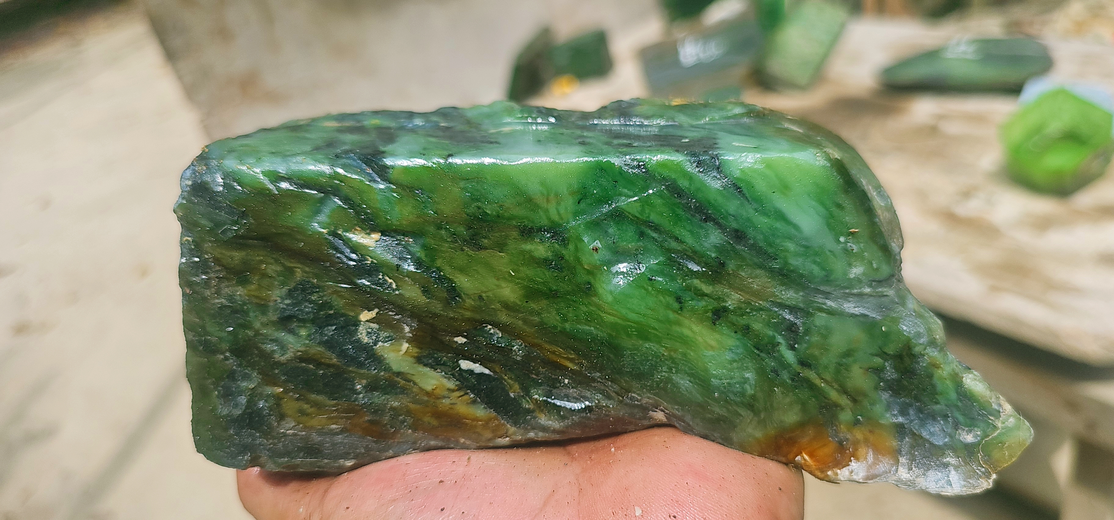 Natural Green Jade Rough Stone – Deep Green with Translucent Mint-Green Veining & Dark Matrix, 1.6 KG