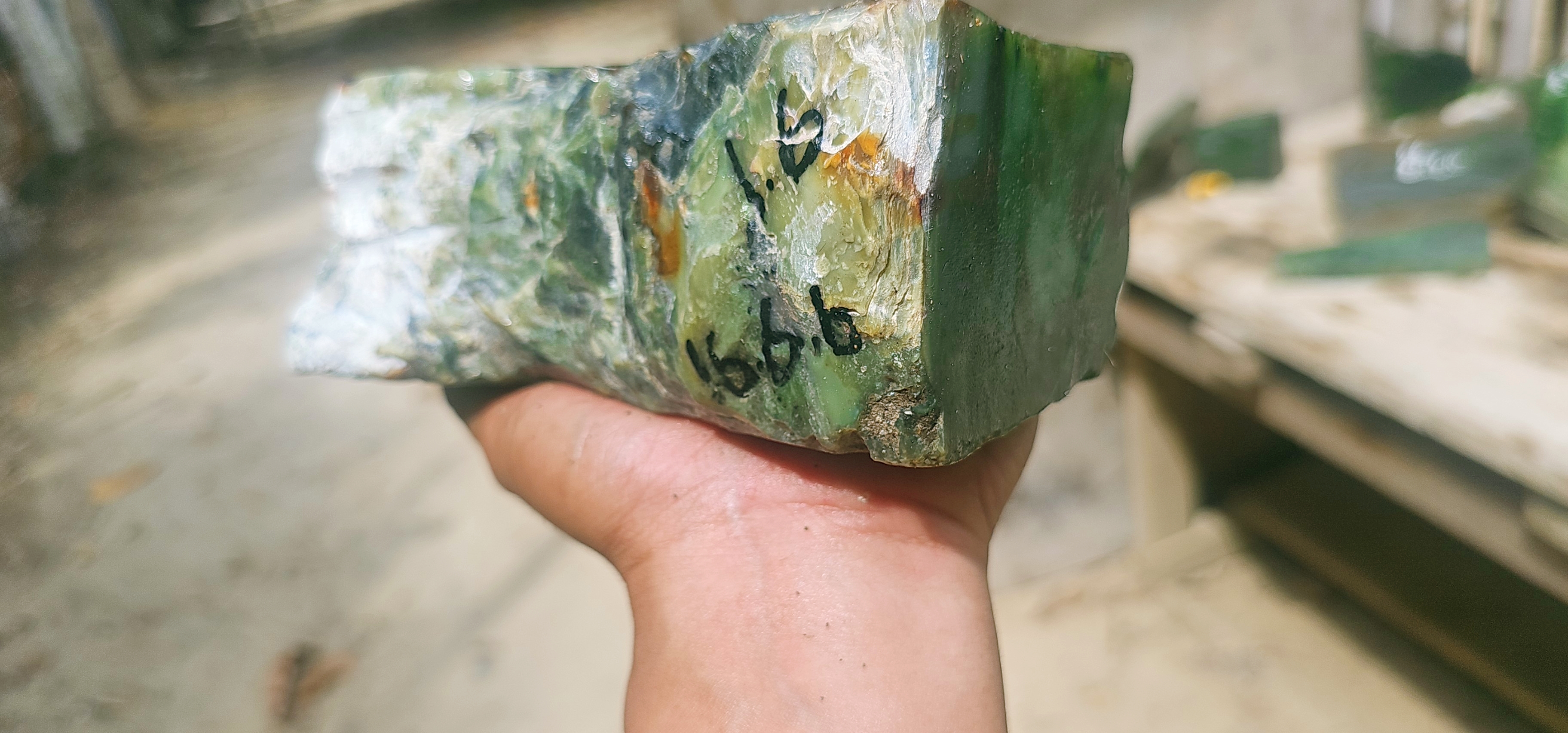 Natural Green Jade Rough Stone – Deep Green with Translucent Mint-Green Veining & Dark Matrix, 1.6 KG