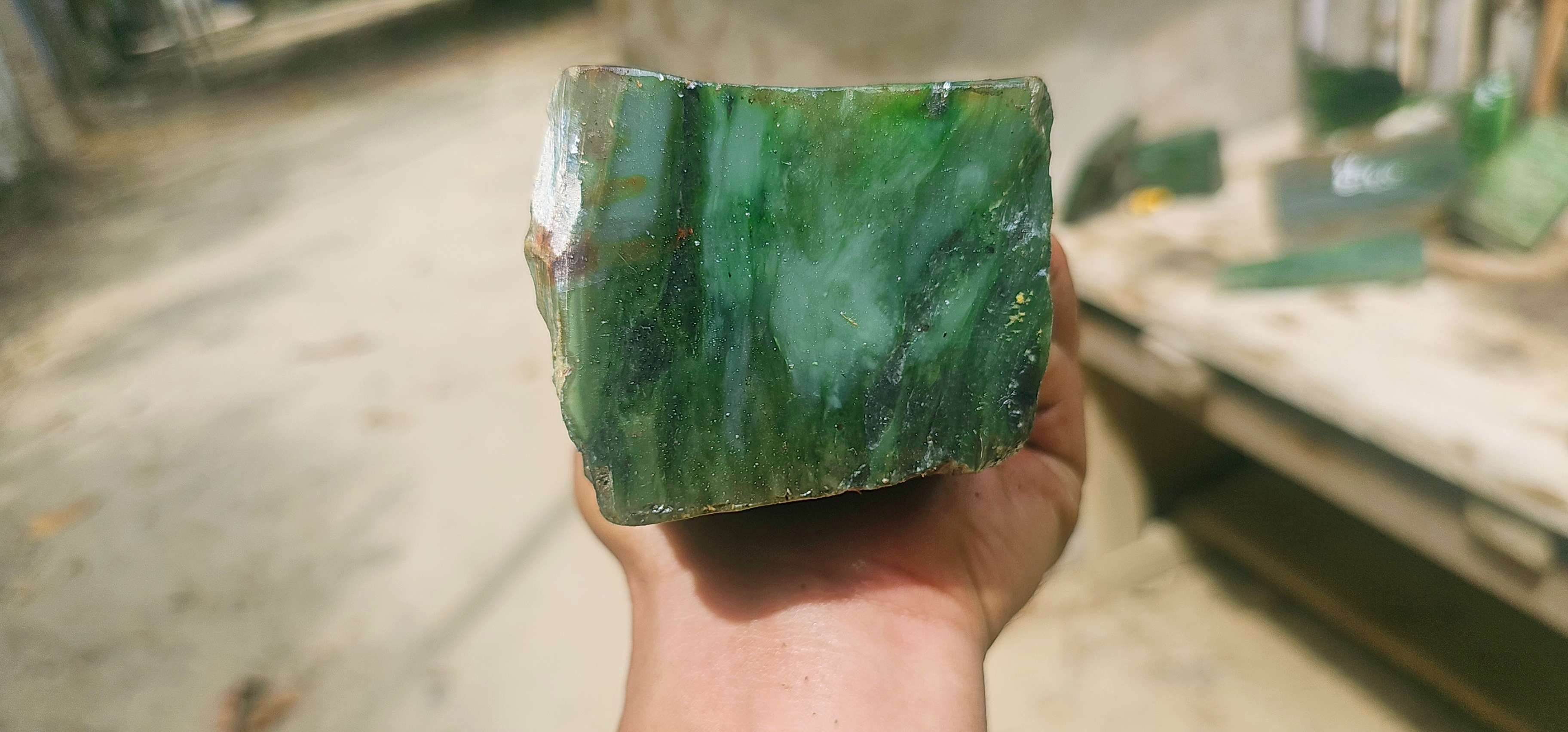 Natural Green Jade Rough Stone – Deep Green with Translucent Mint-Green Veining & Dark Matrix, 1.6 KG