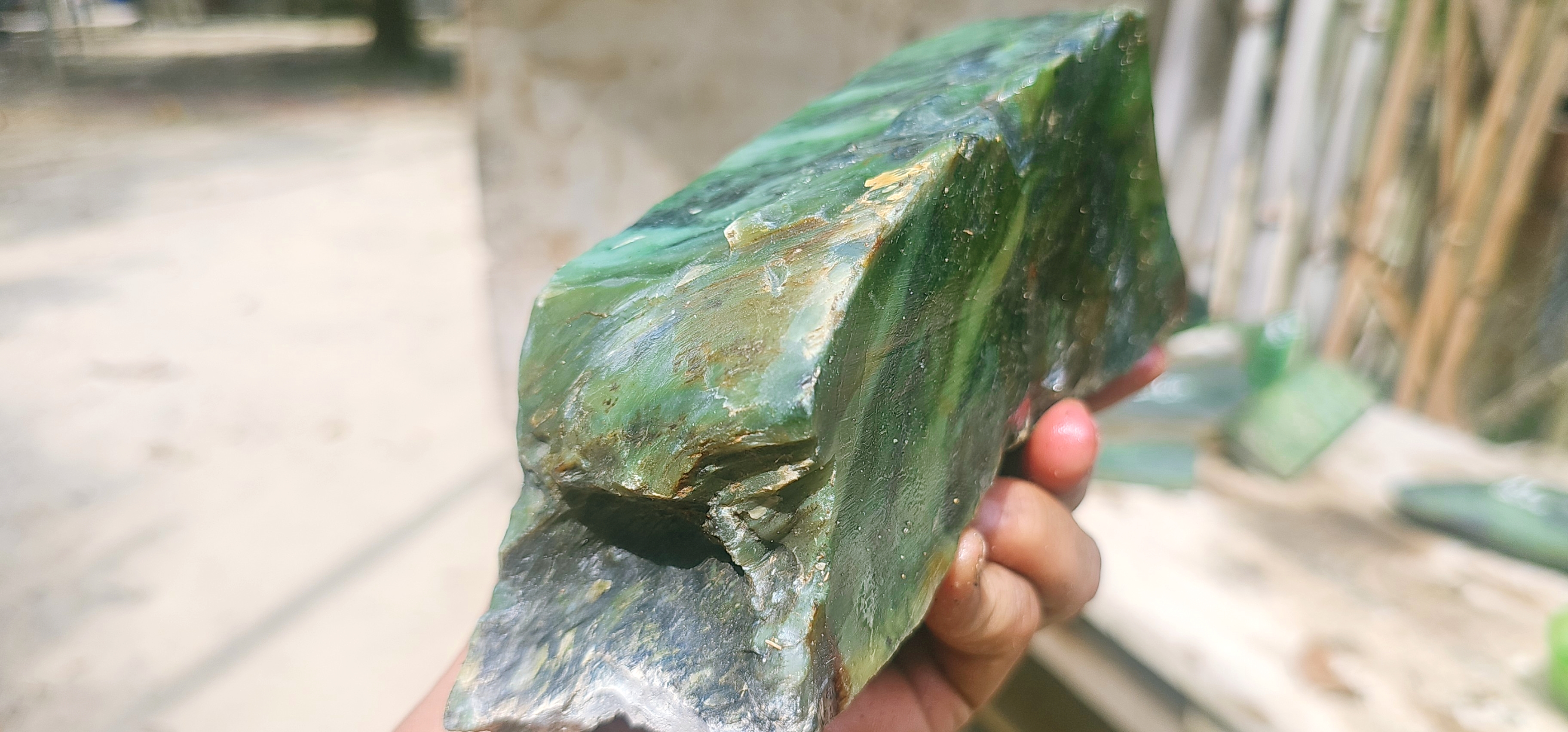 Natural Green Jade Rough Stone – Deep Green with Translucent Mint-Green Veining & Dark Matrix, 1.6 KG