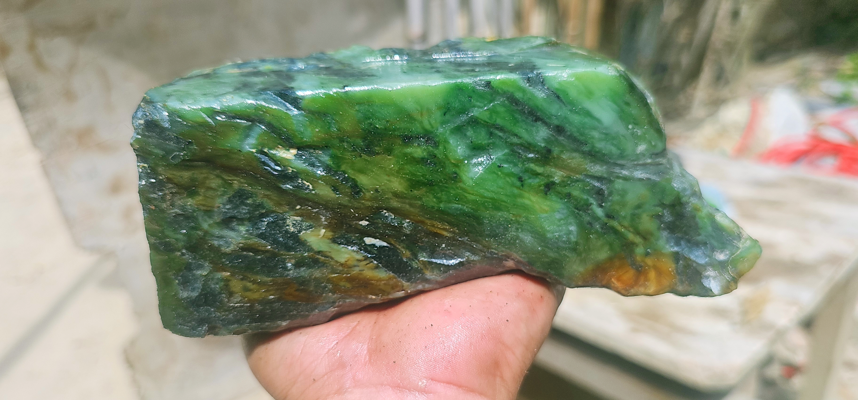 Natural Green Jade Rough Stone – Deep Green with Translucent Mint-Green Veining & Dark Matrix, 1.6 KG