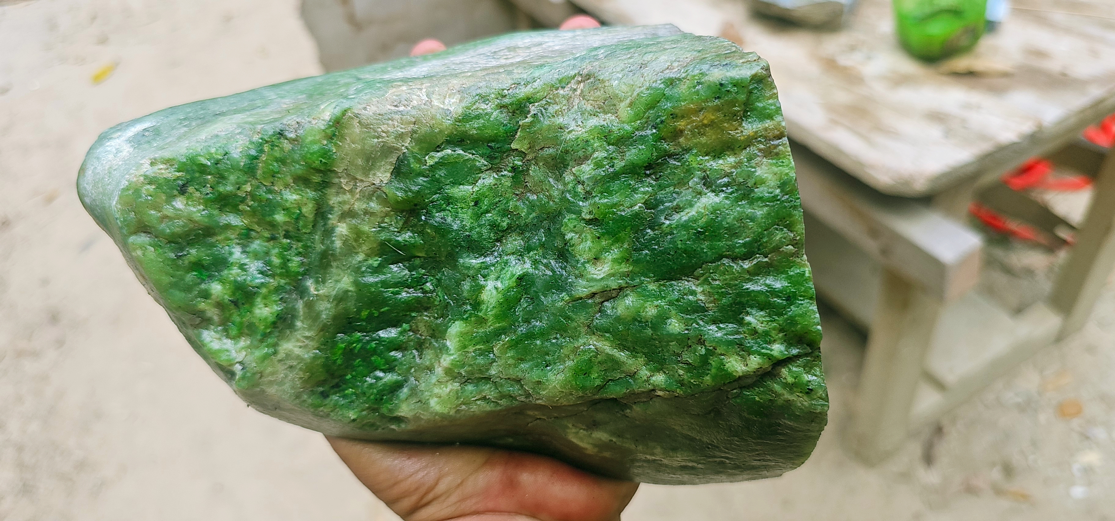 Natural Green Jade Rough Stone – Soft Apple Green with Deep Forest-Green Matrix & Cloudy Patterns, 2.3 KG