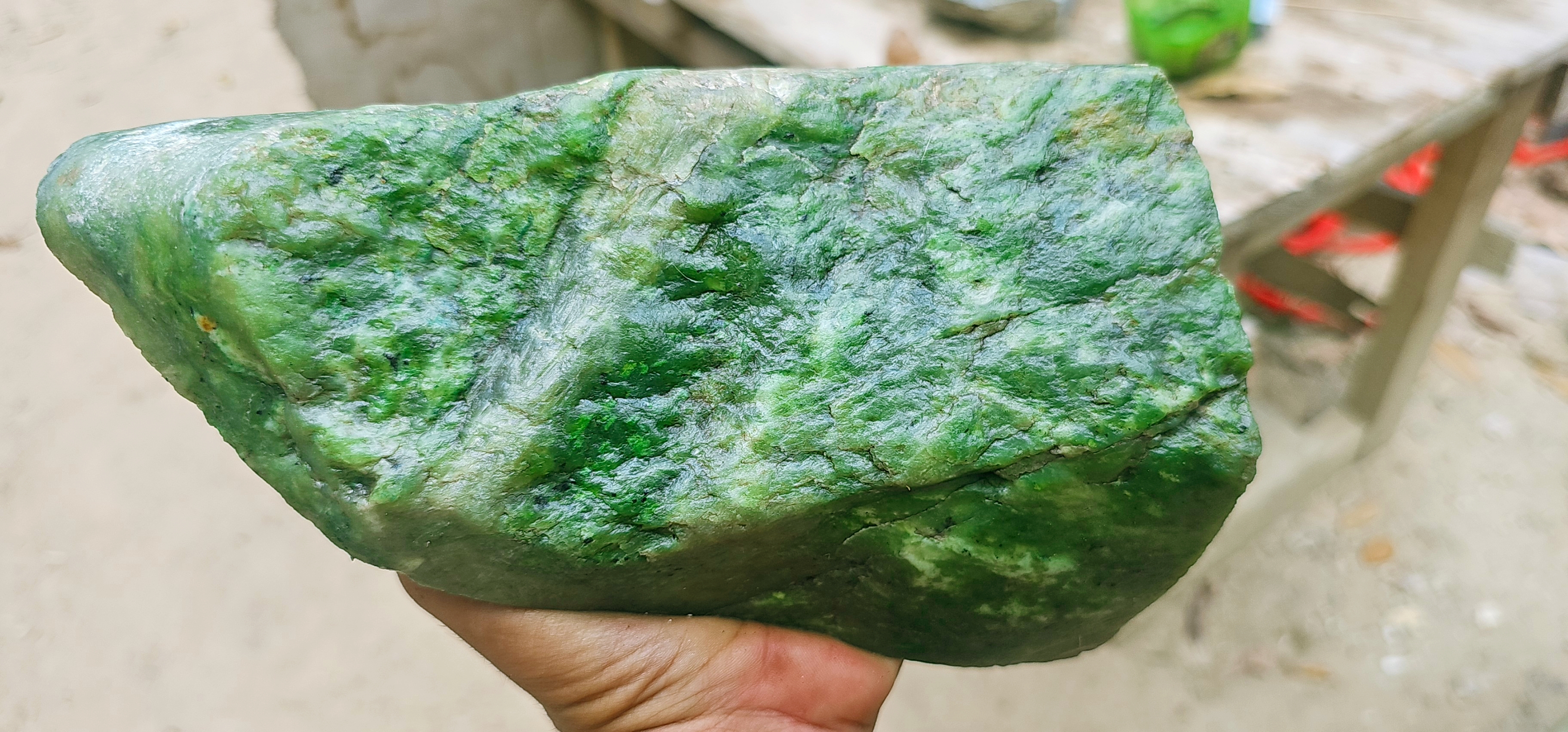 Natural Green Jade Rough Stone – Soft Apple Green with Deep Forest-Green Matrix & Cloudy Patterns, 2.3 KG