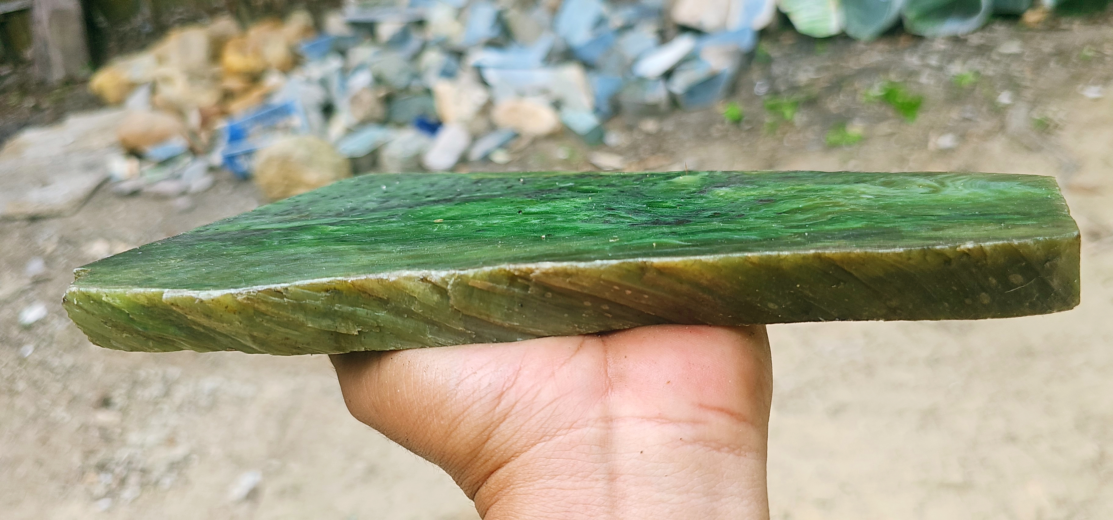 Natural Green Jade Rough Stone – Vivid Emerald Green with Deep Forest-Green Matrix & Flowing Fibrous Patterns, 1.2 KG