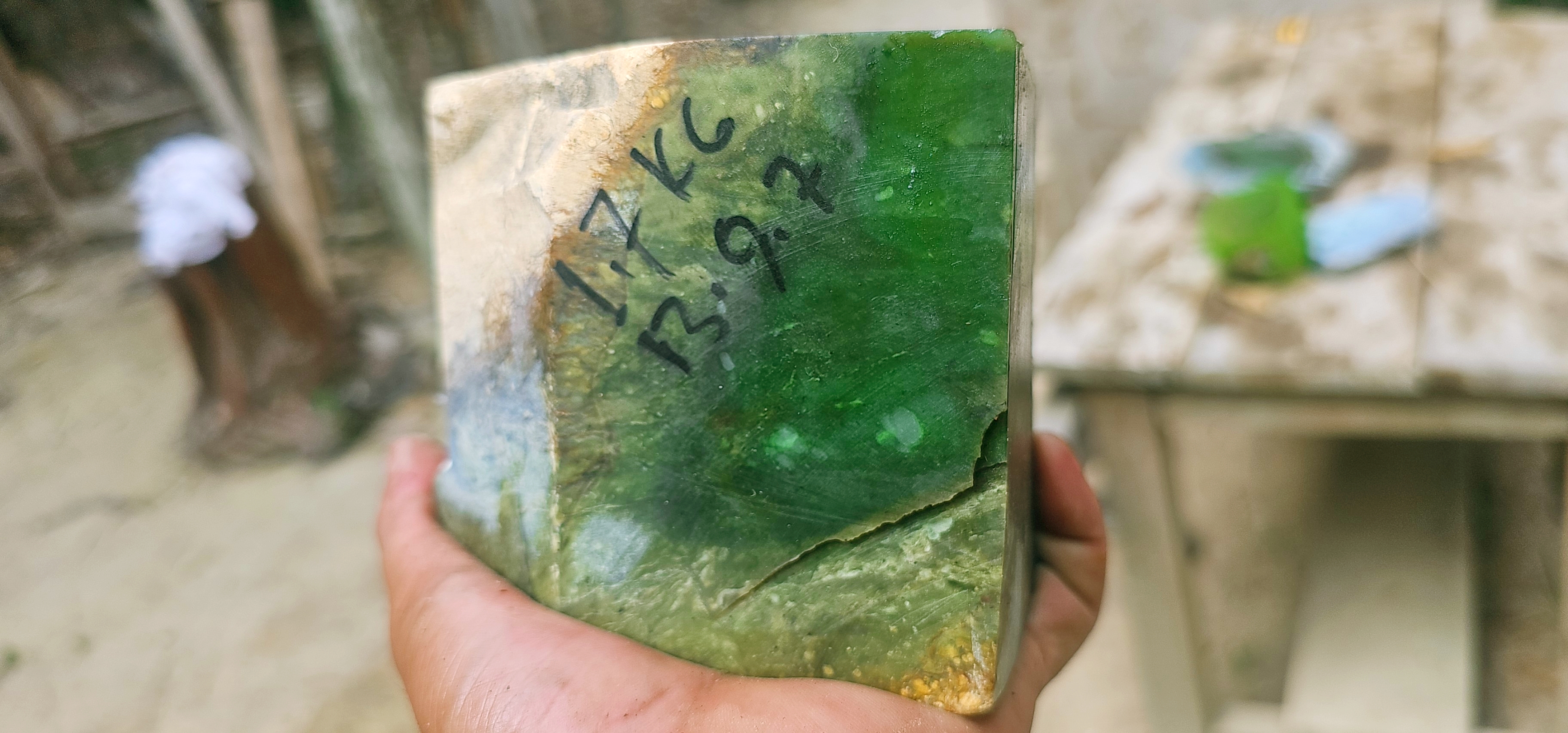 Natural Green Jade Rough Stone – Vivid Emerald Green Core with Pale Green Matrix & Golden-Brown Host Rock, 1.7 KG